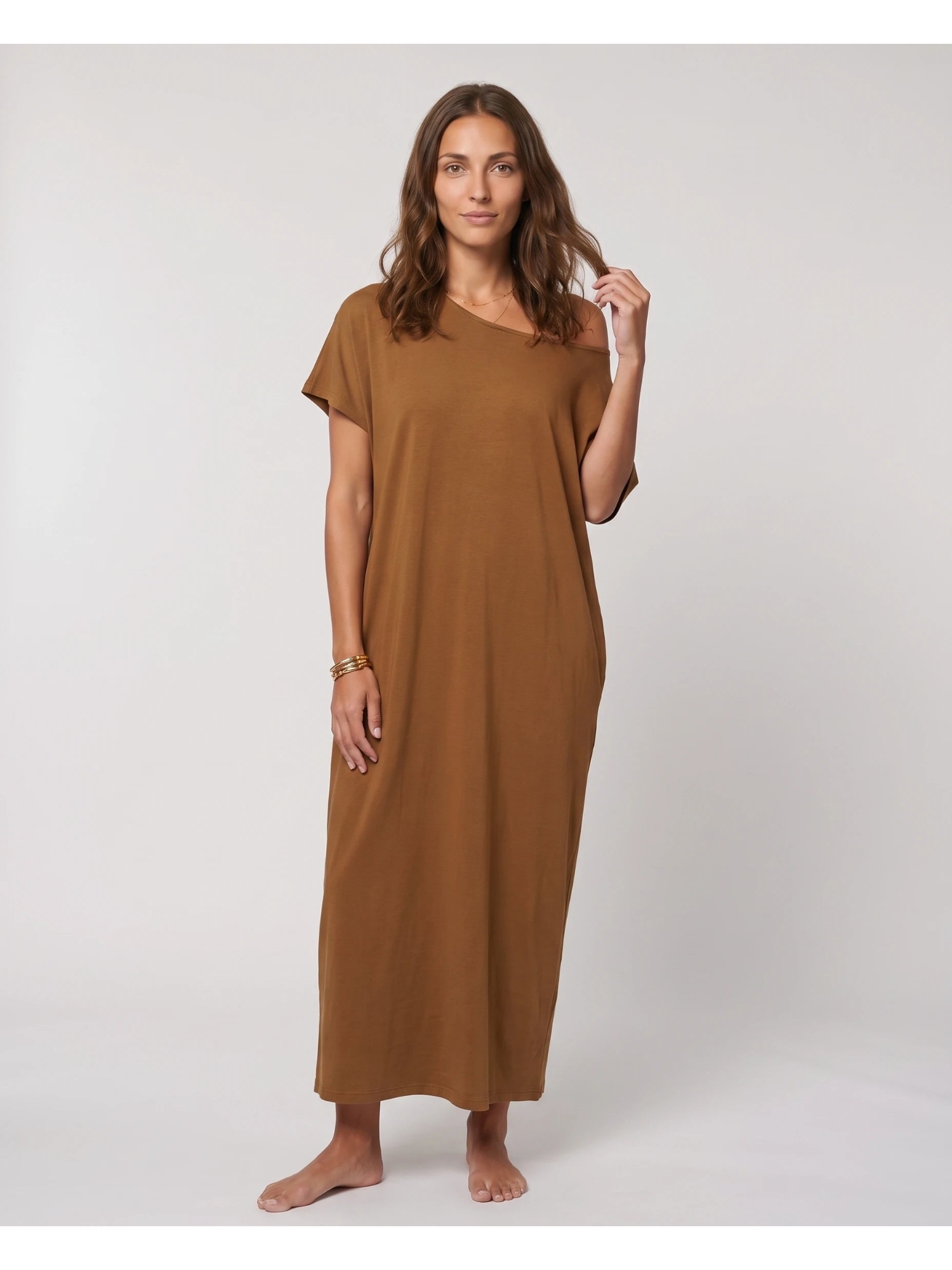 Plain Brown Short Sleeve Shift Maxi Dress