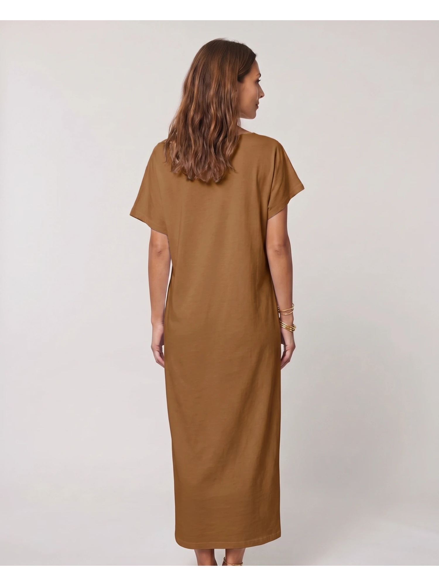 Plain Brown Short Sleeve Shift Maxi Dress