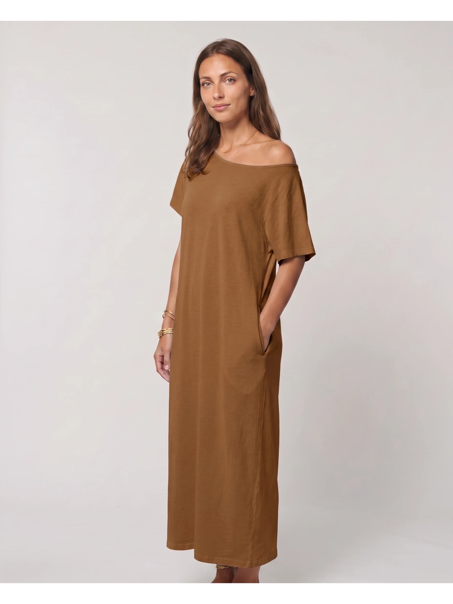 Plain Brown Short Sleeve Shift Maxi Dress