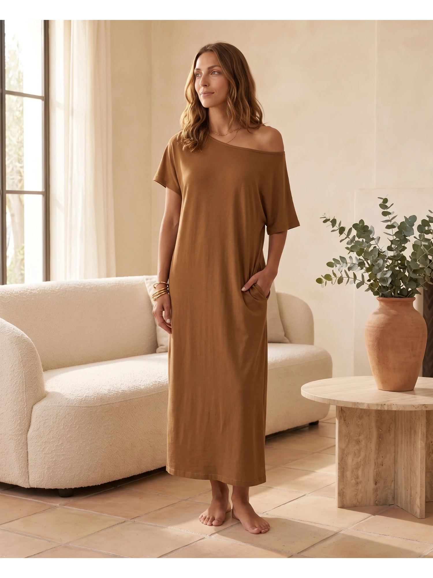Plain Brown Short Sleeve Shift Maxi Dress