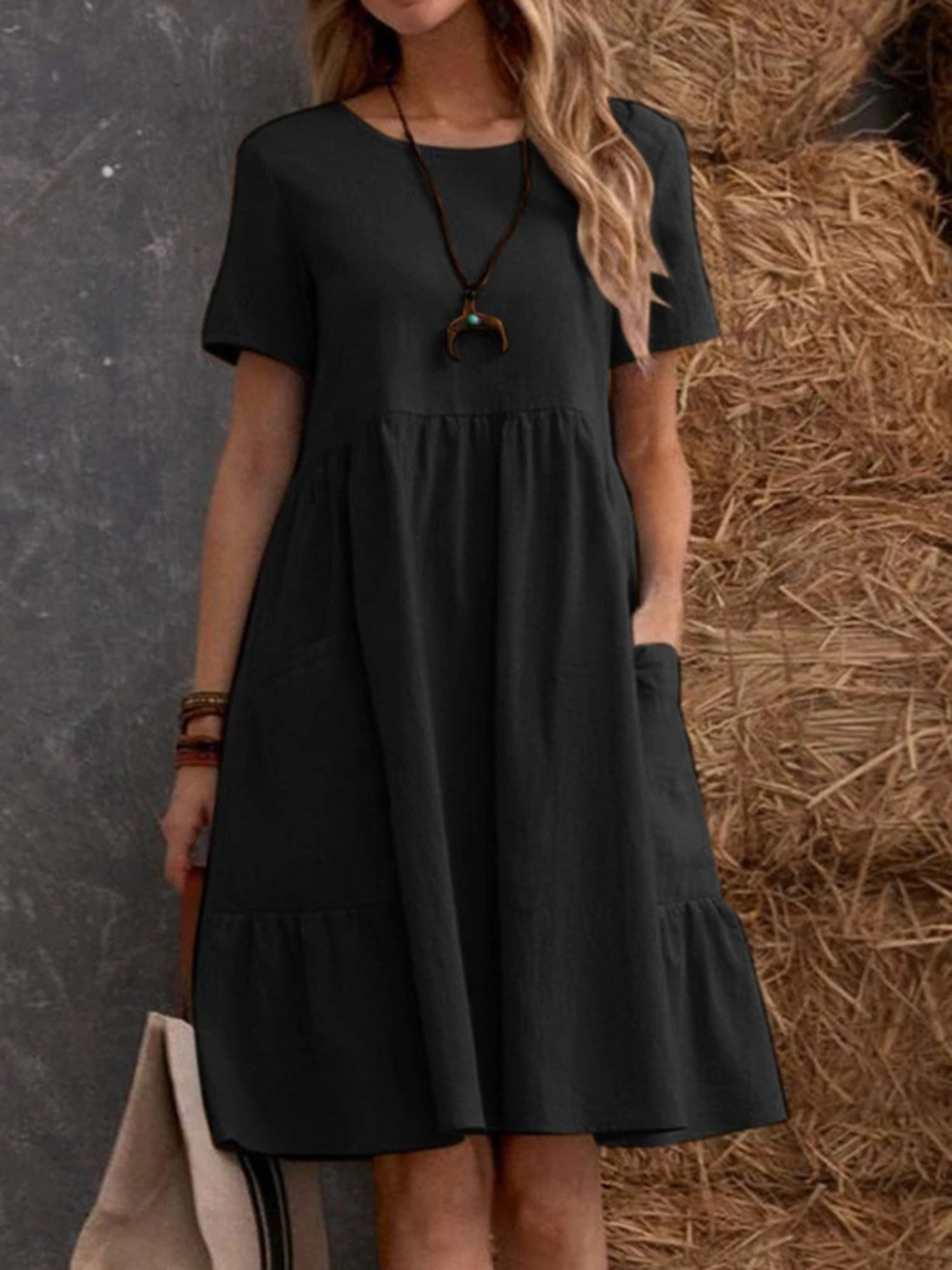 Black Plain Midi Smock Dress with Short Sleeves