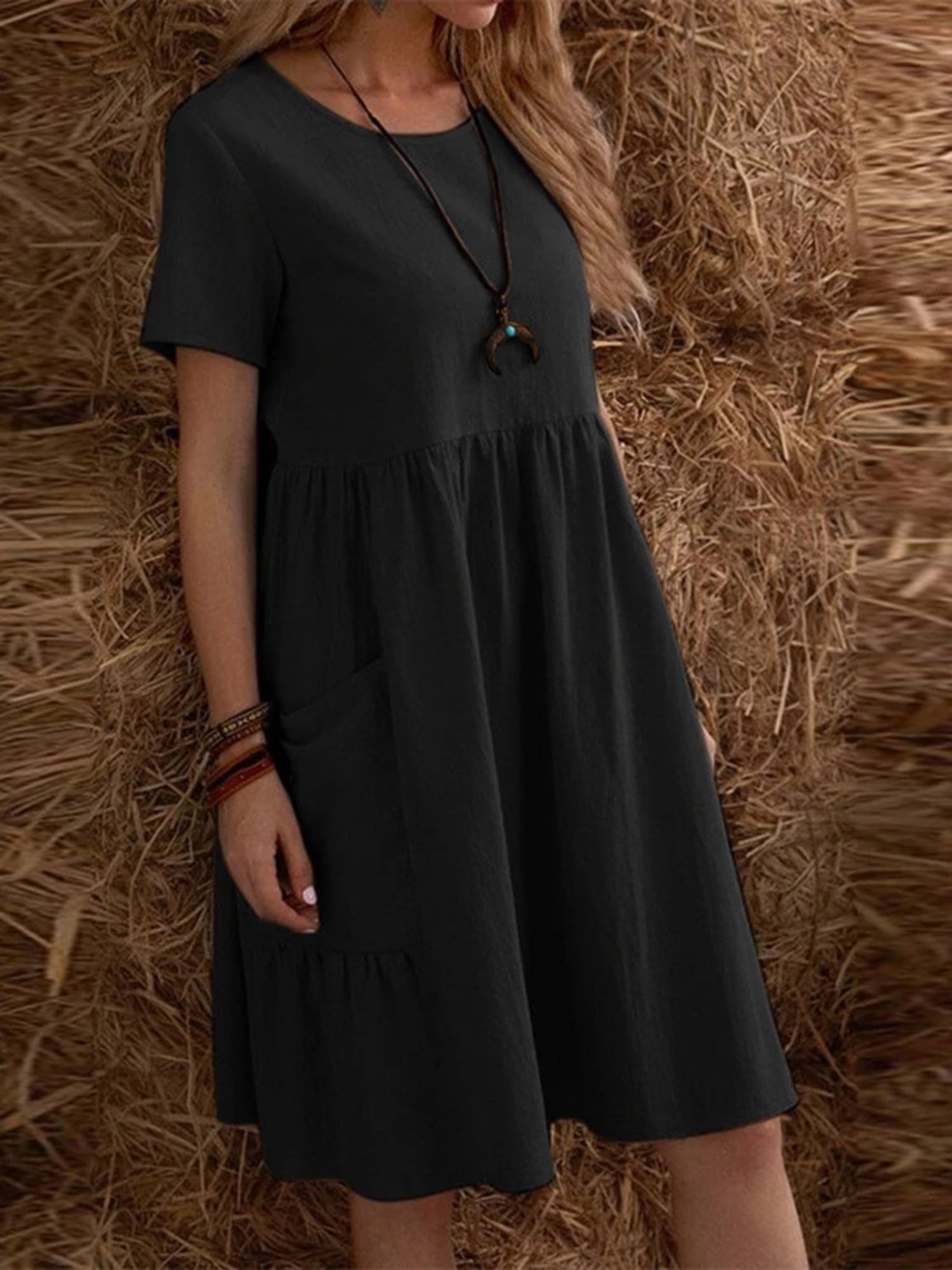Black Plain Midi Smock Dress with Short Sleeves