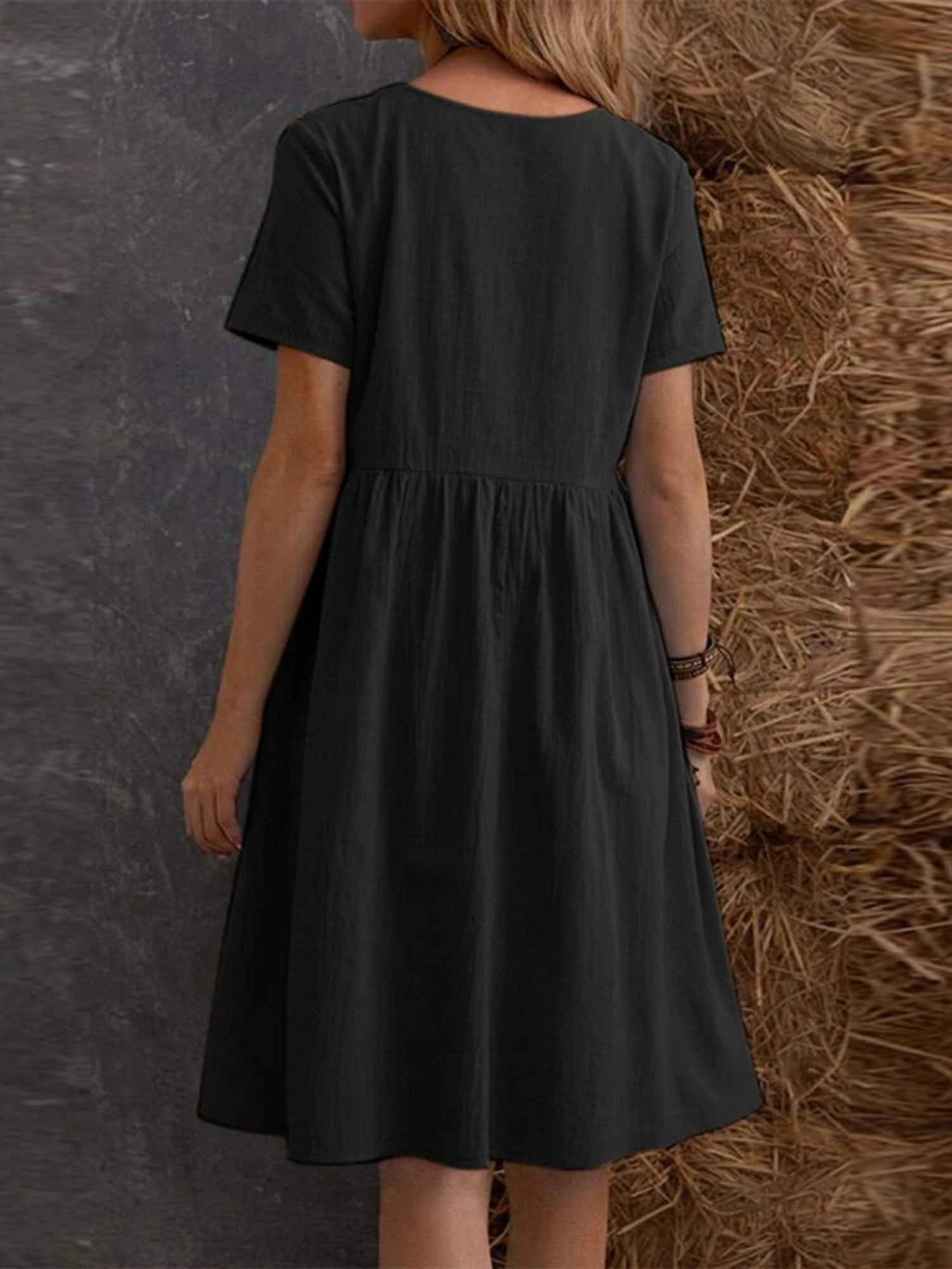 Black Plain Midi Smock Dress with Short Sleeves