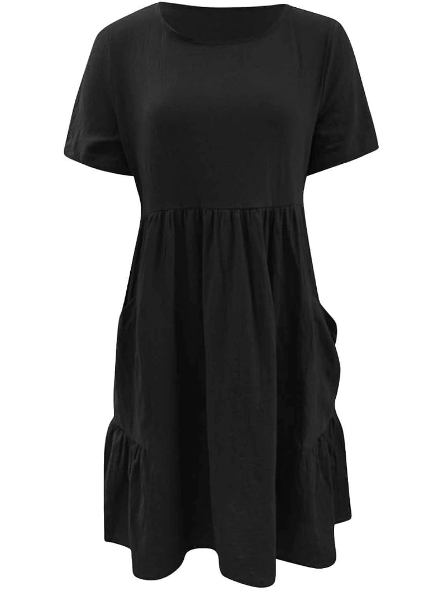Black Plain Midi Smock Dress with Short Sleeves