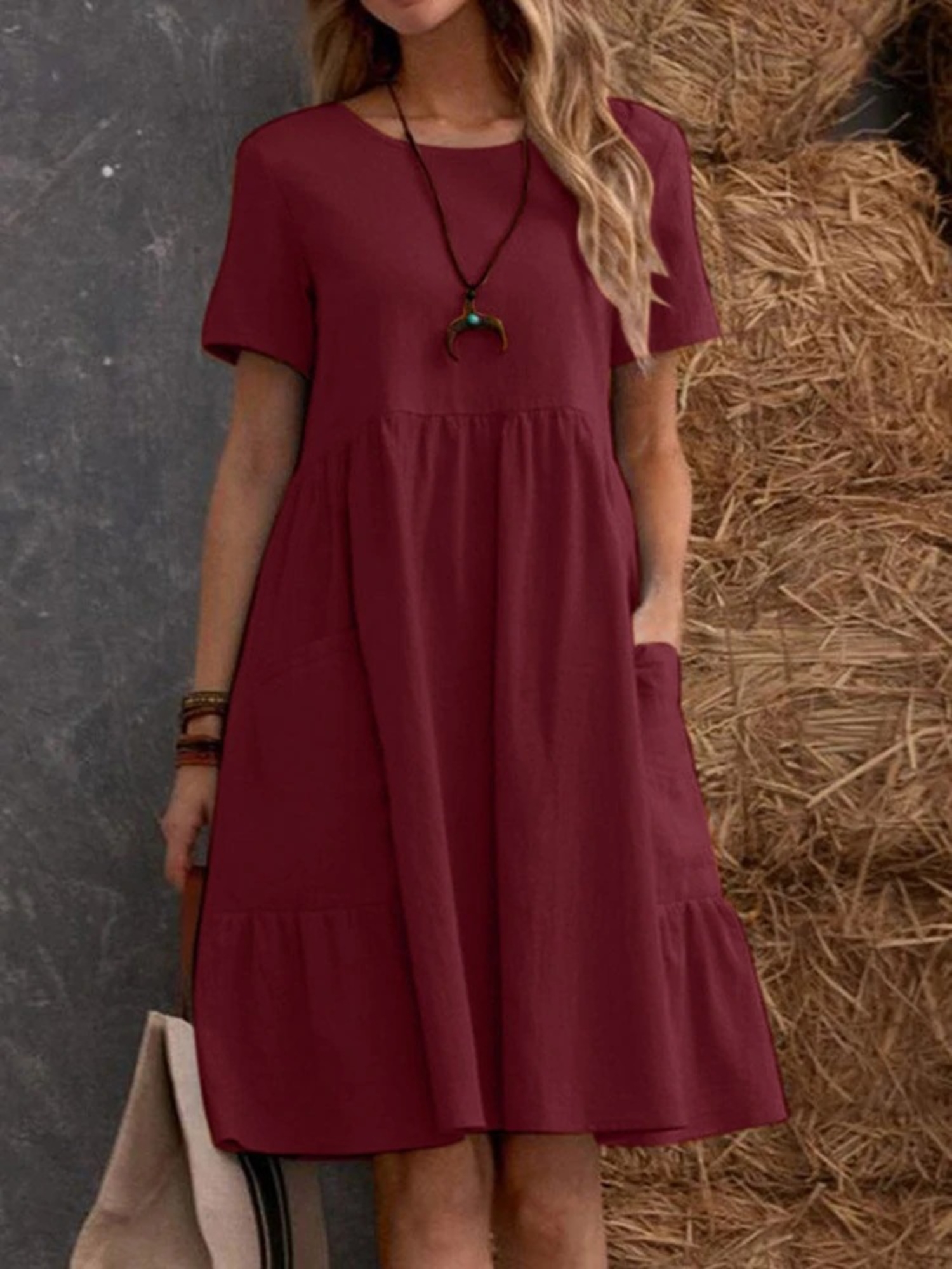 Red Midi A-Line Dress with Short Sleeves