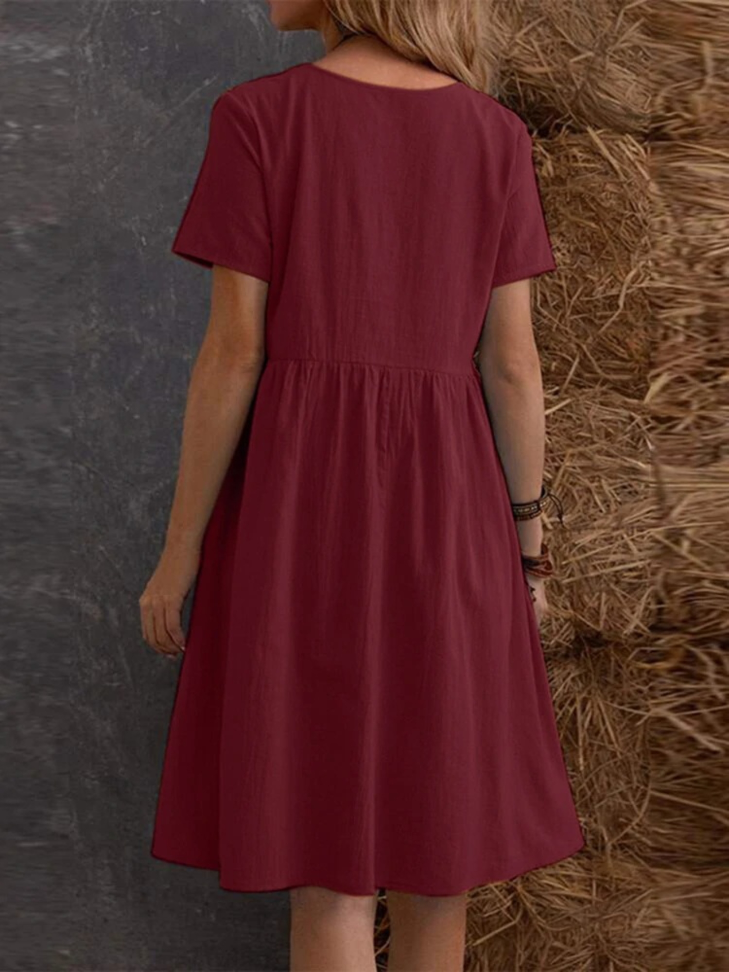 Red Midi A-Line Dress with Short Sleeves