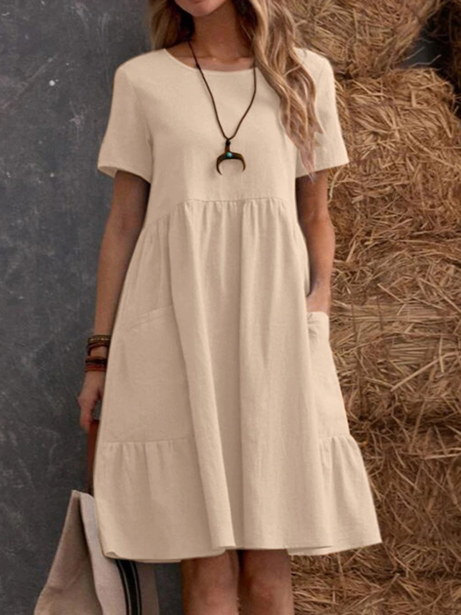 Beige Smock Midi Dress with Short Sleeves
