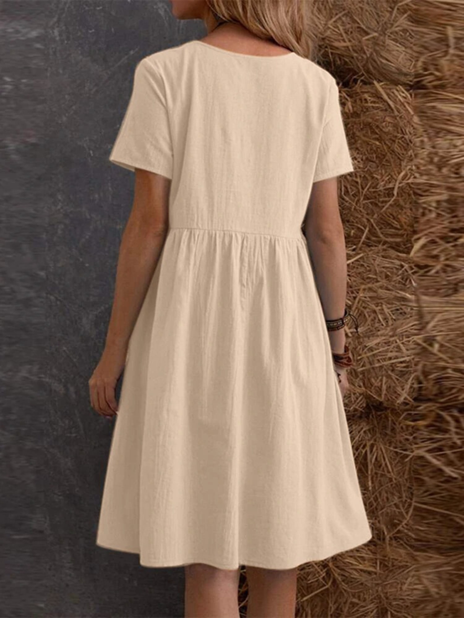 Beige Smock Midi Dress with Short Sleeves