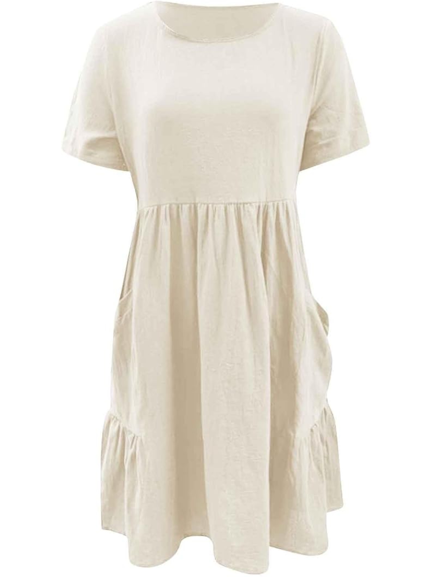 Beige Smock Midi Dress with Short Sleeves