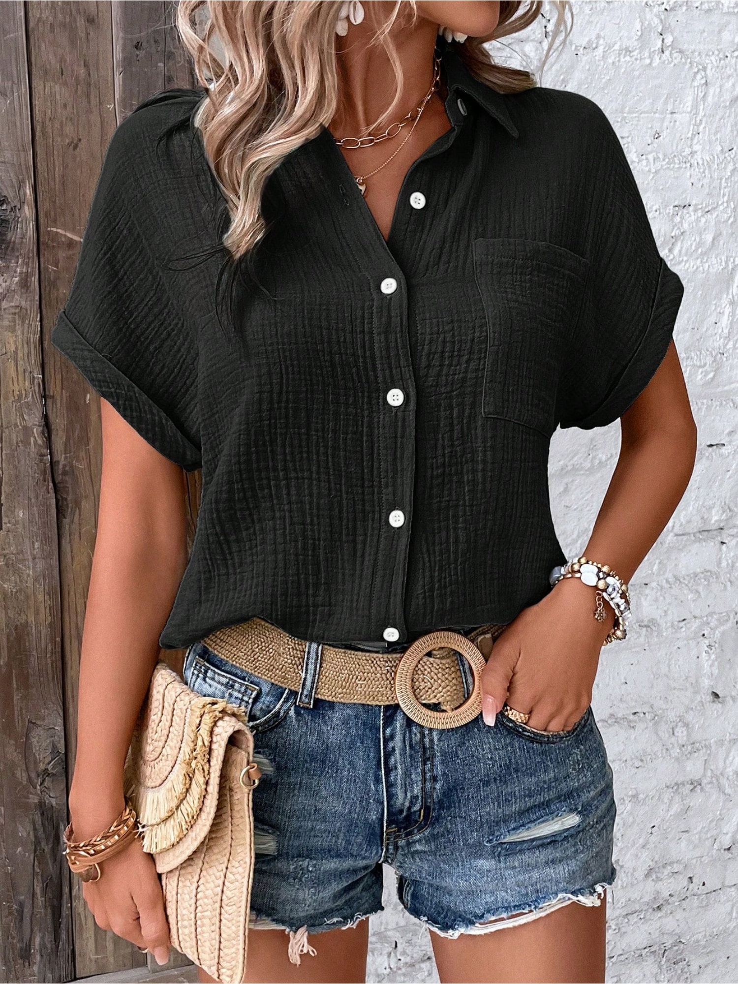 Black Texture Short Sleeves Relaxed Shirt