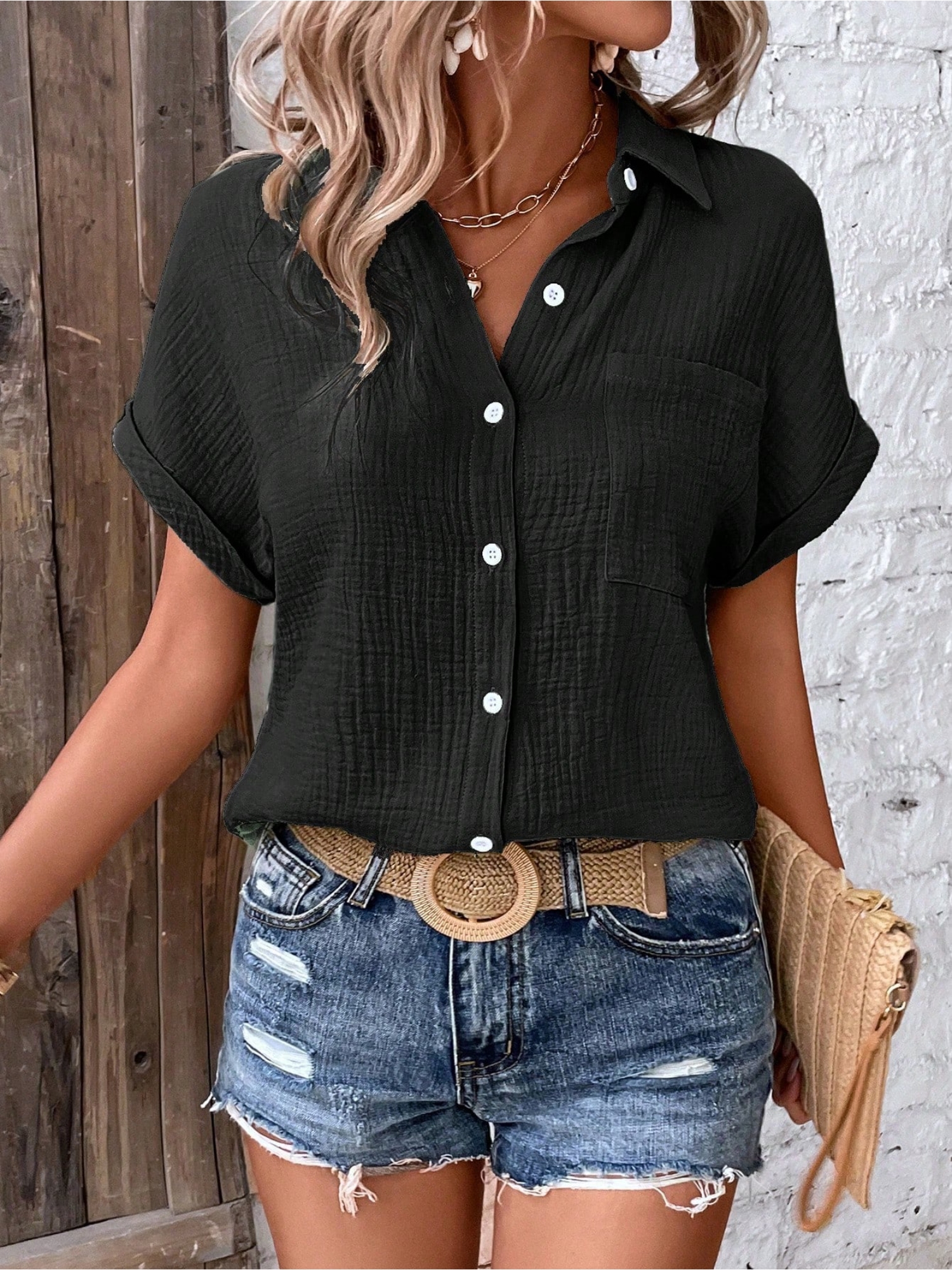 Black Texture Short Sleeves Relaxed Shirt