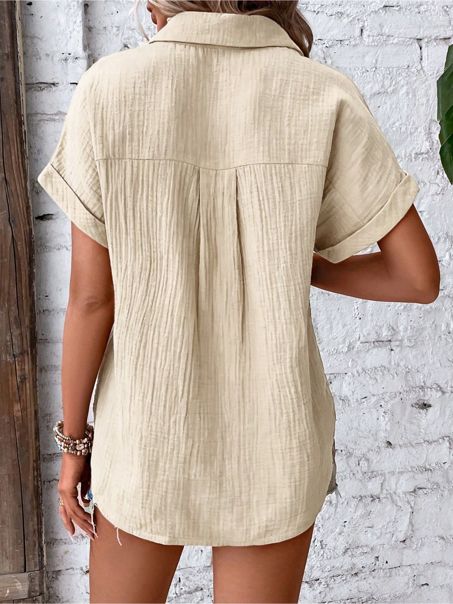 Beige Texture Short Sleeves Relaxed Shirt