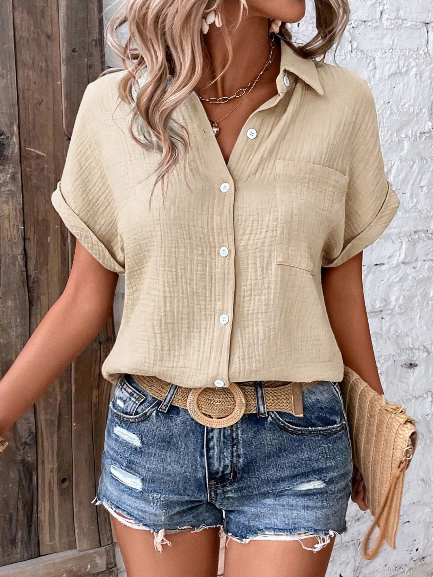 Beige Texture Short Sleeves Relaxed Shirt