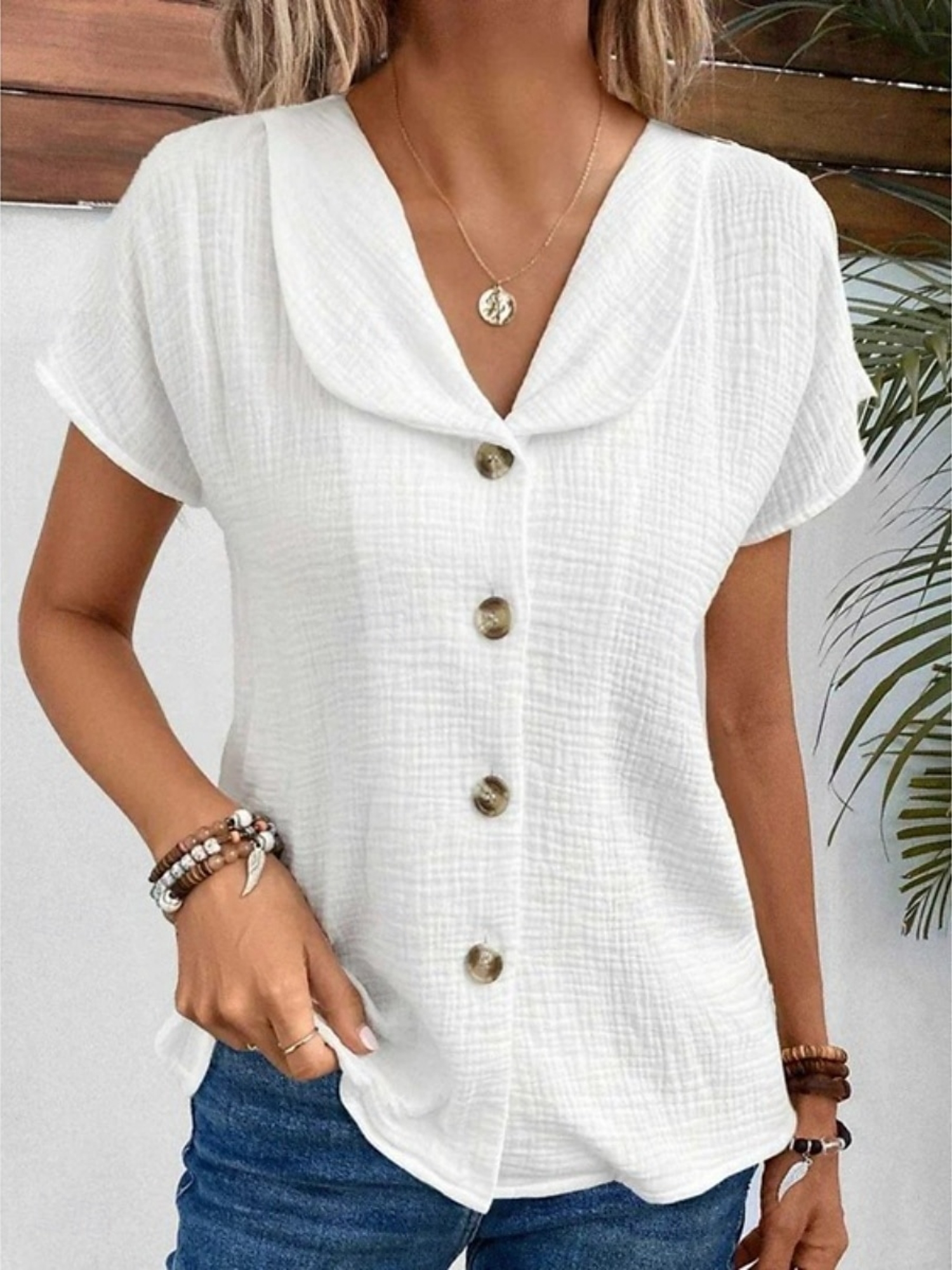 White Texture Short Sleeves Regular Shirt