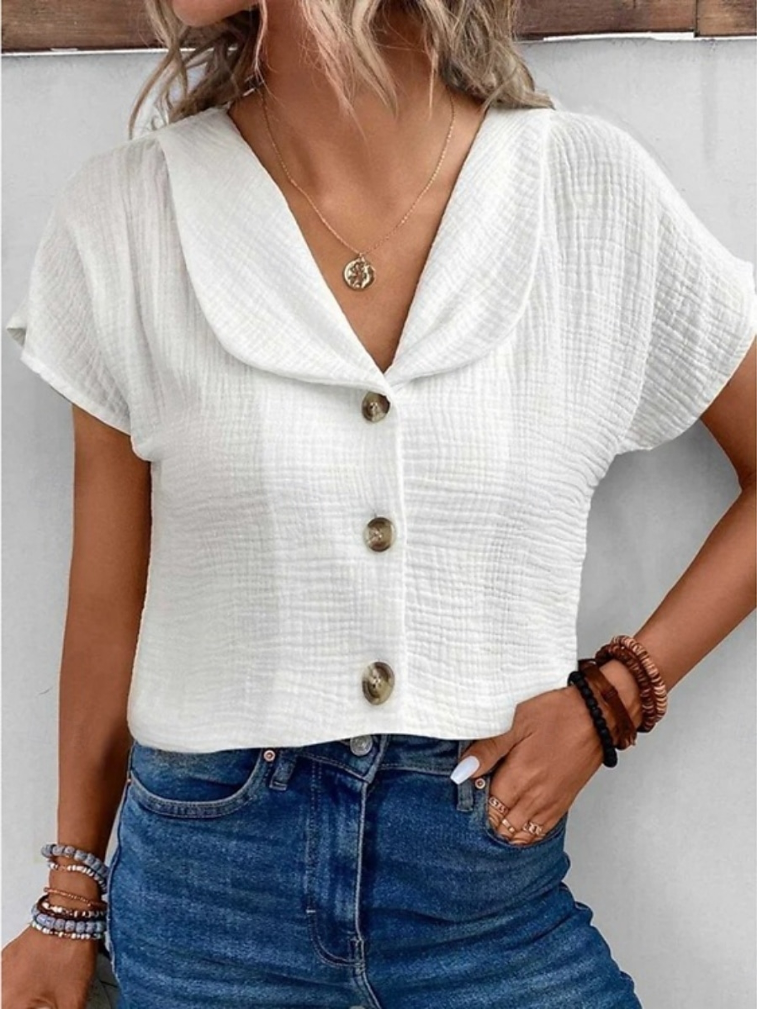 White Texture Short Sleeves Regular Shirt