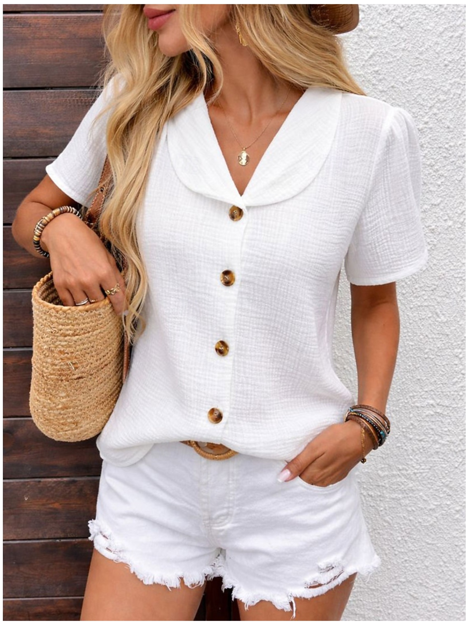 White Texture Short Sleeves Regular Shirt