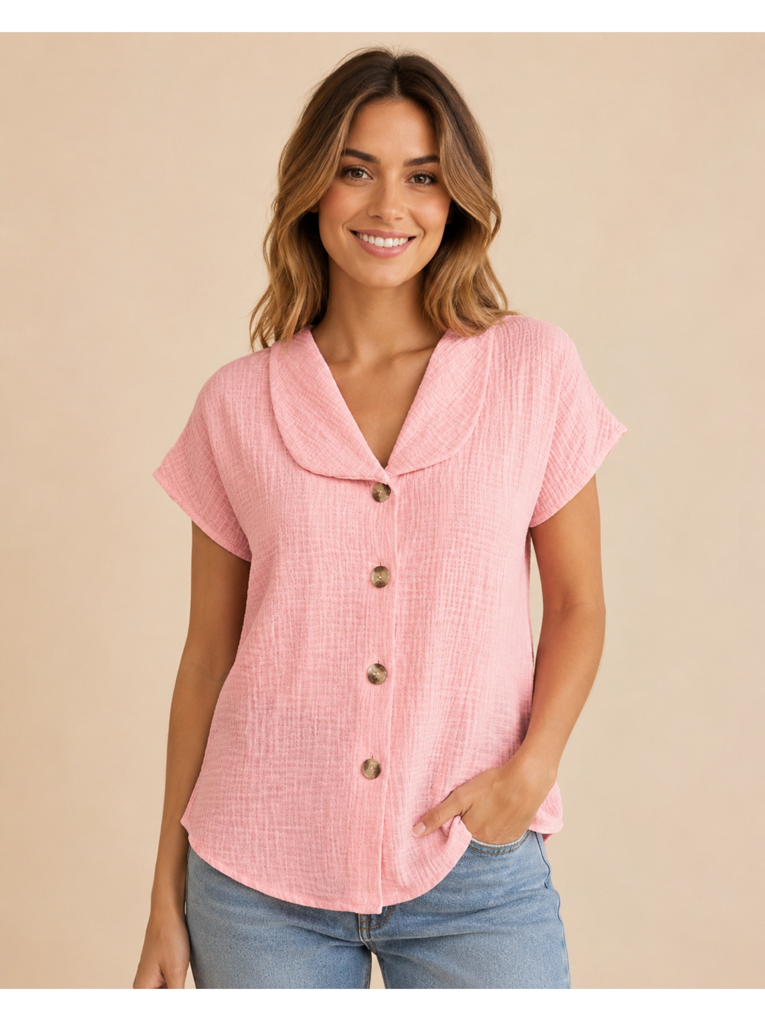 Light Pink Texture Short Sleeves Regular Shirt