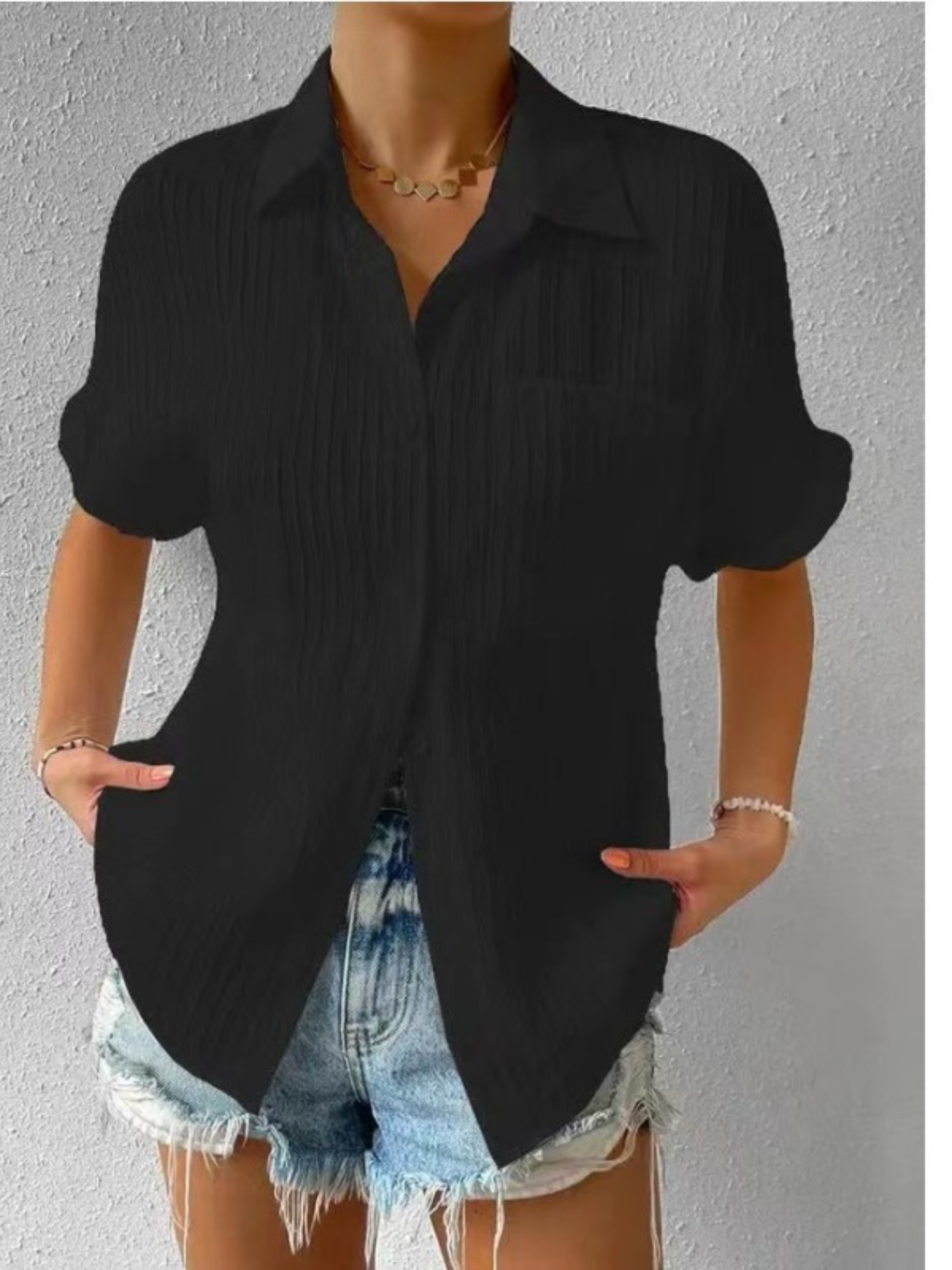 Black Texture Short Sleeves Regular Shirt