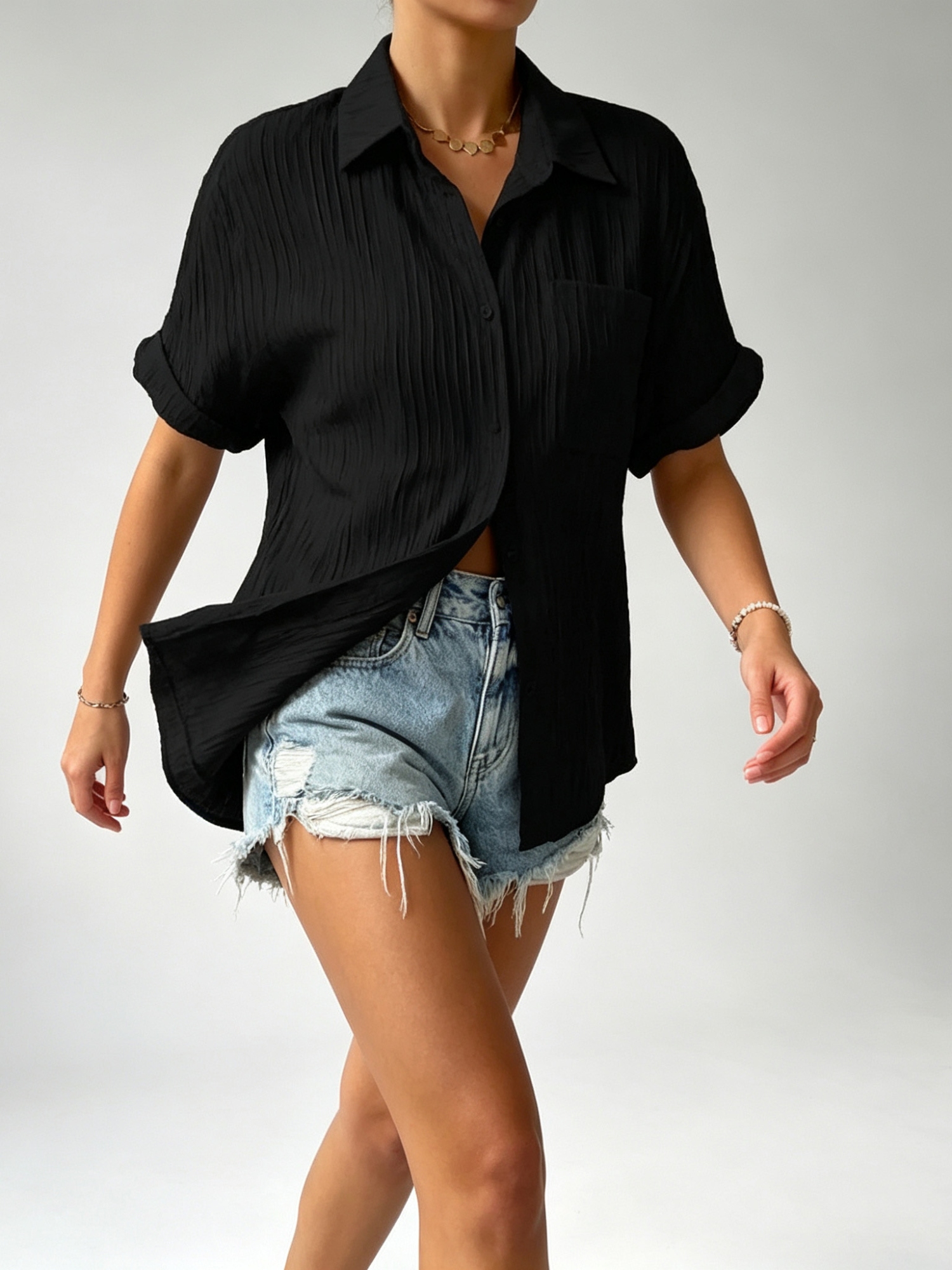 Black Texture Short Sleeves Regular Shirt