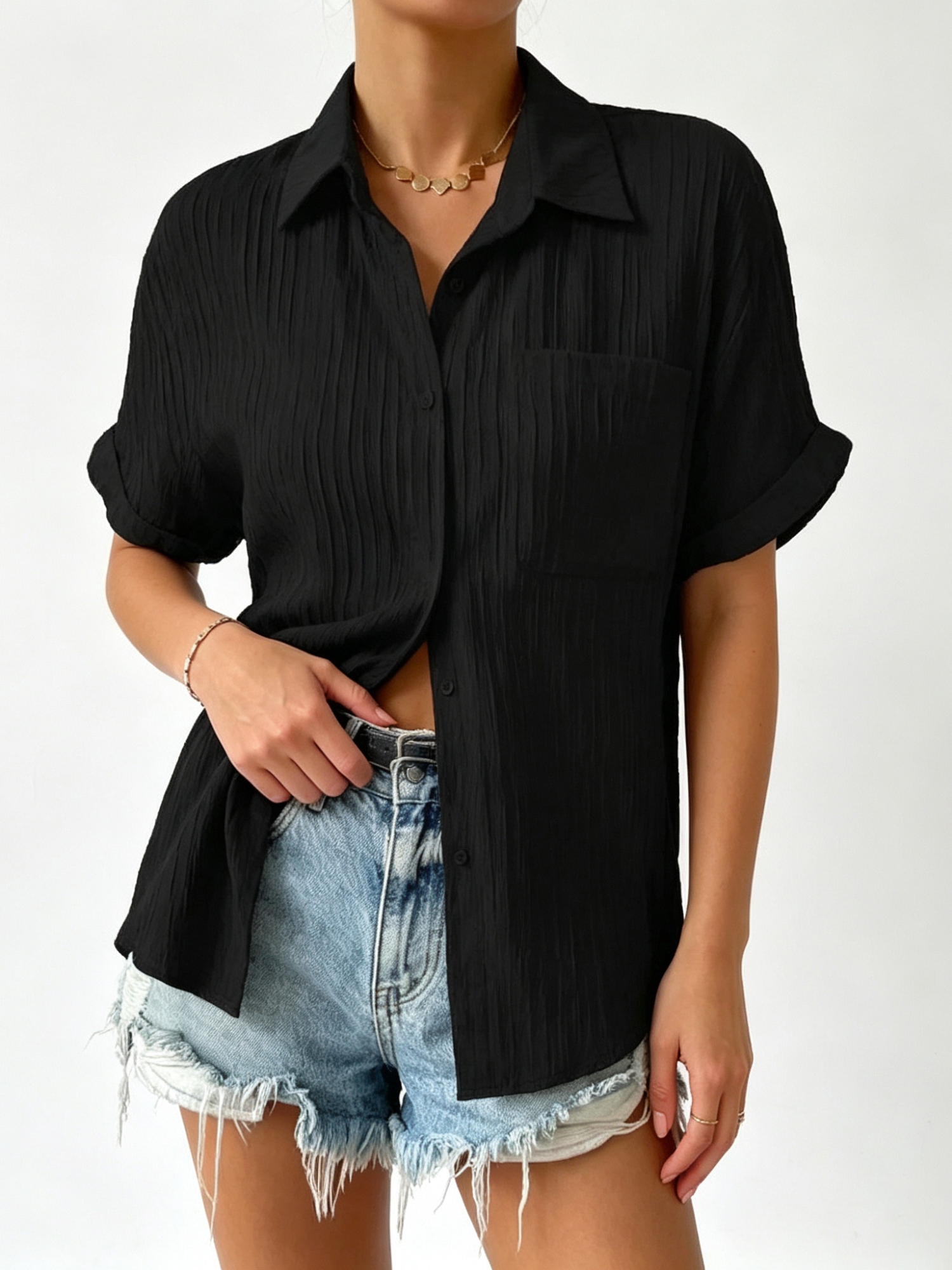 Black Texture Short Sleeves Regular Shirt