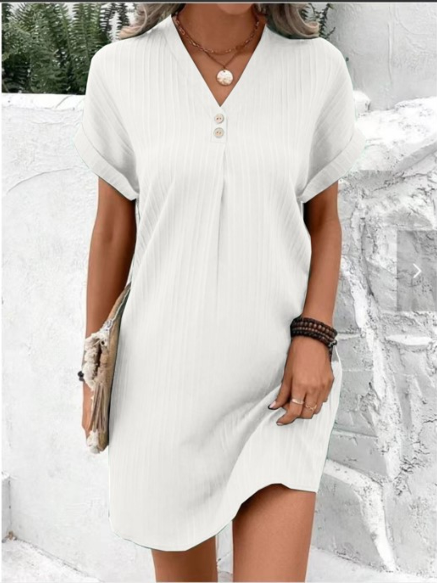White Self-Design Mini Shift Dress with Short Sleeves 