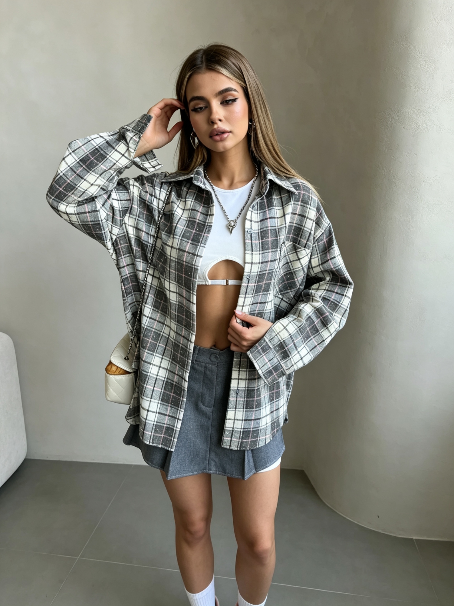 Grey Checked Long Sleeves Regular Shirt