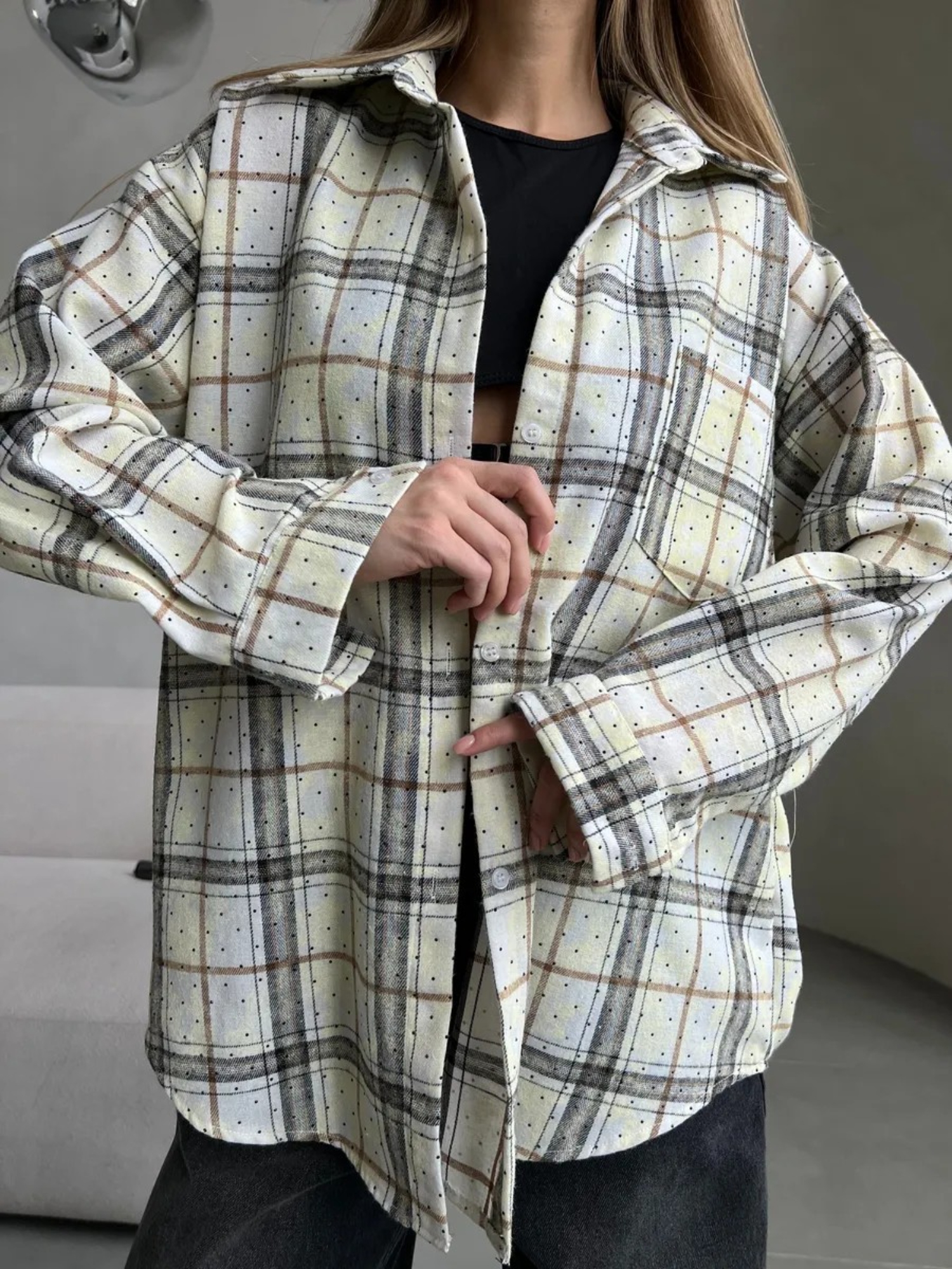 White Checked Long Sleeves Oversized Shirt