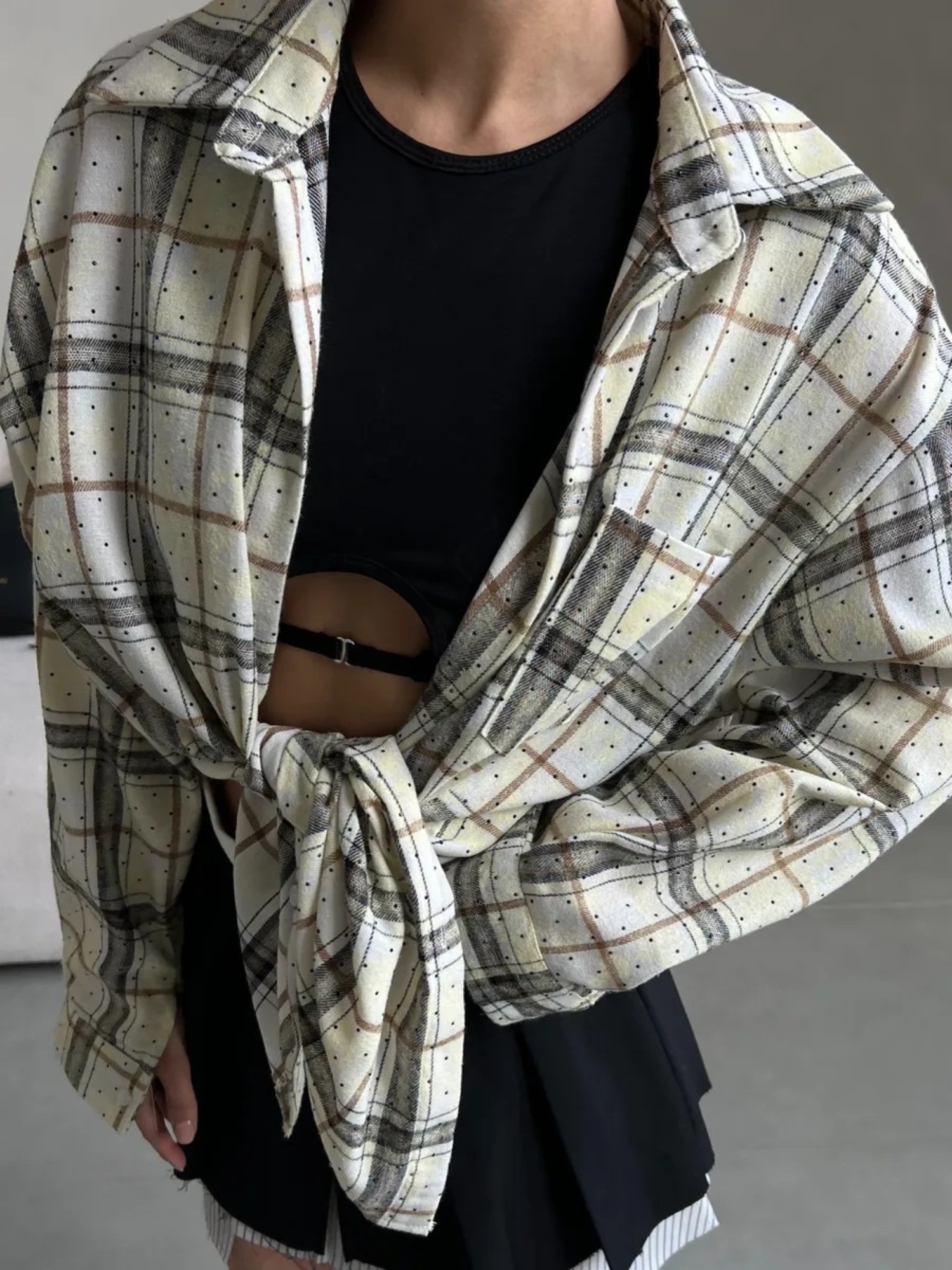 White Checked Long Sleeves Oversized Shirt
