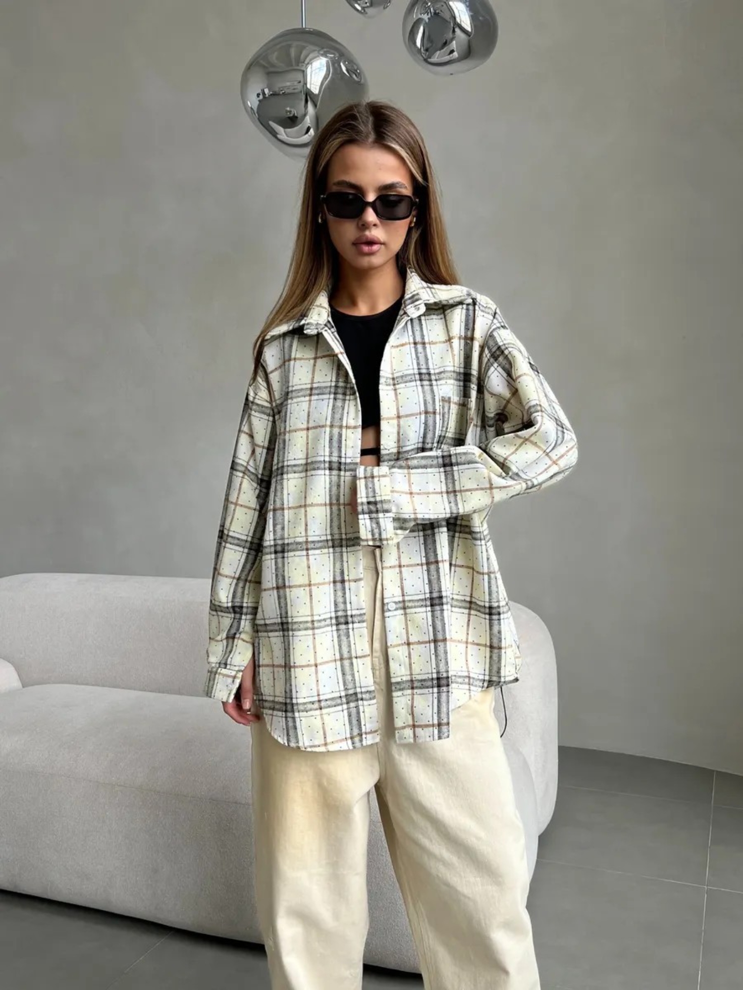 White Checked Long Sleeves Oversized Shirt