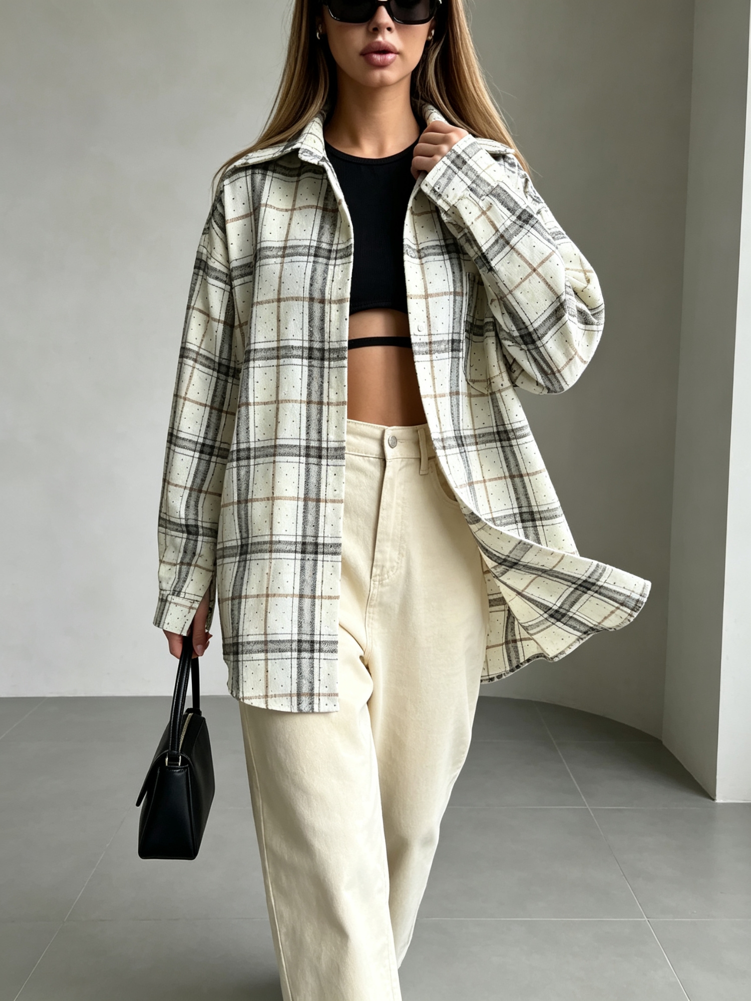 White Checked Long Sleeves Oversized Shirt