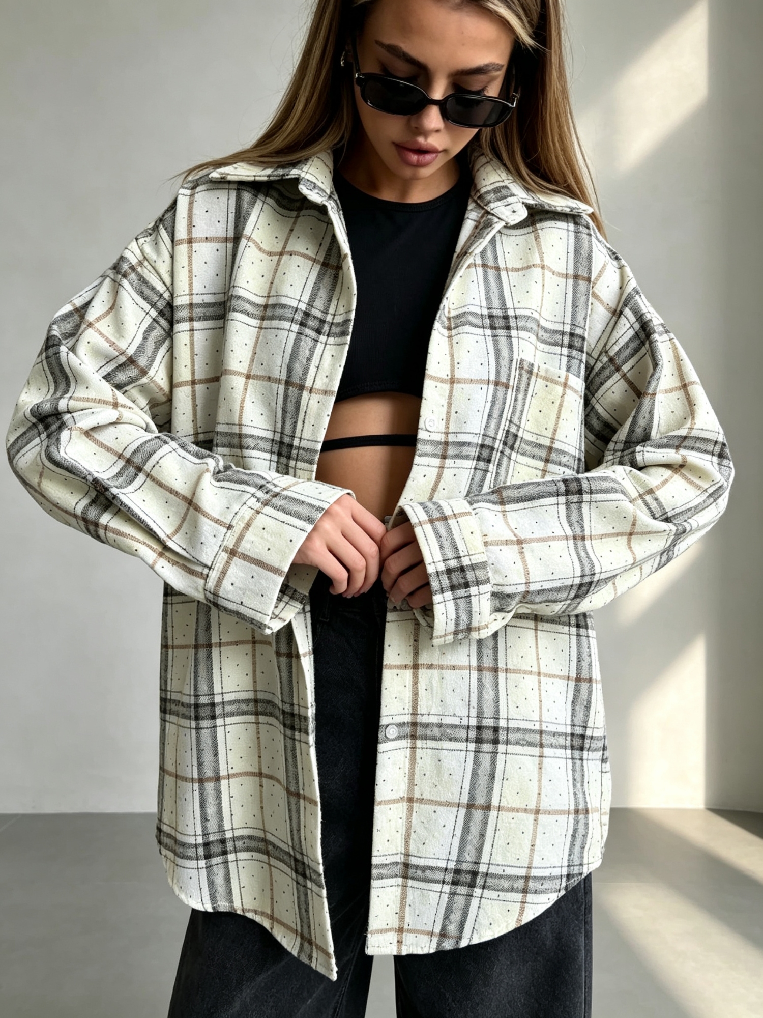 White Checked Long Sleeves Oversized Shirt