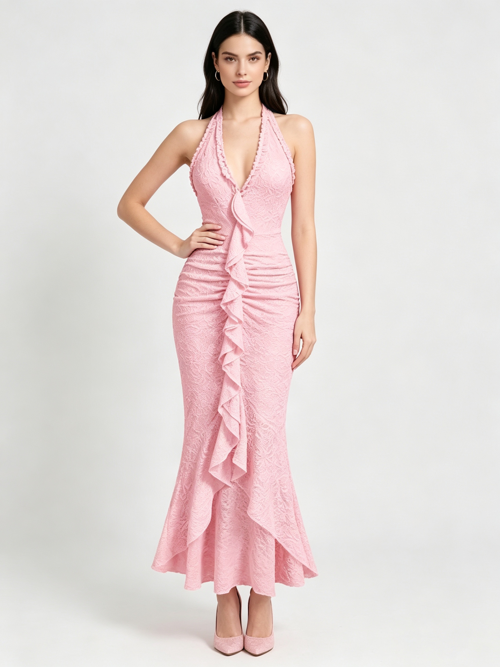 Pink Textured Halter Bodycon Dress