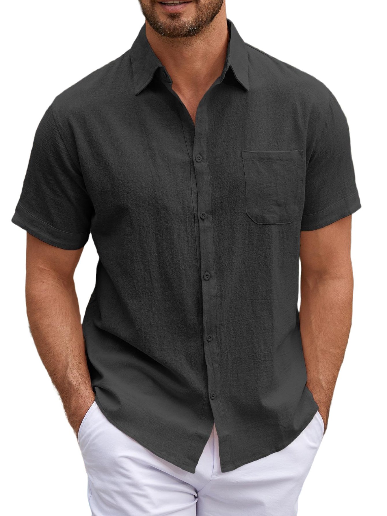 Men's Casual Linen Like Short Sleeve Lapel Shirts