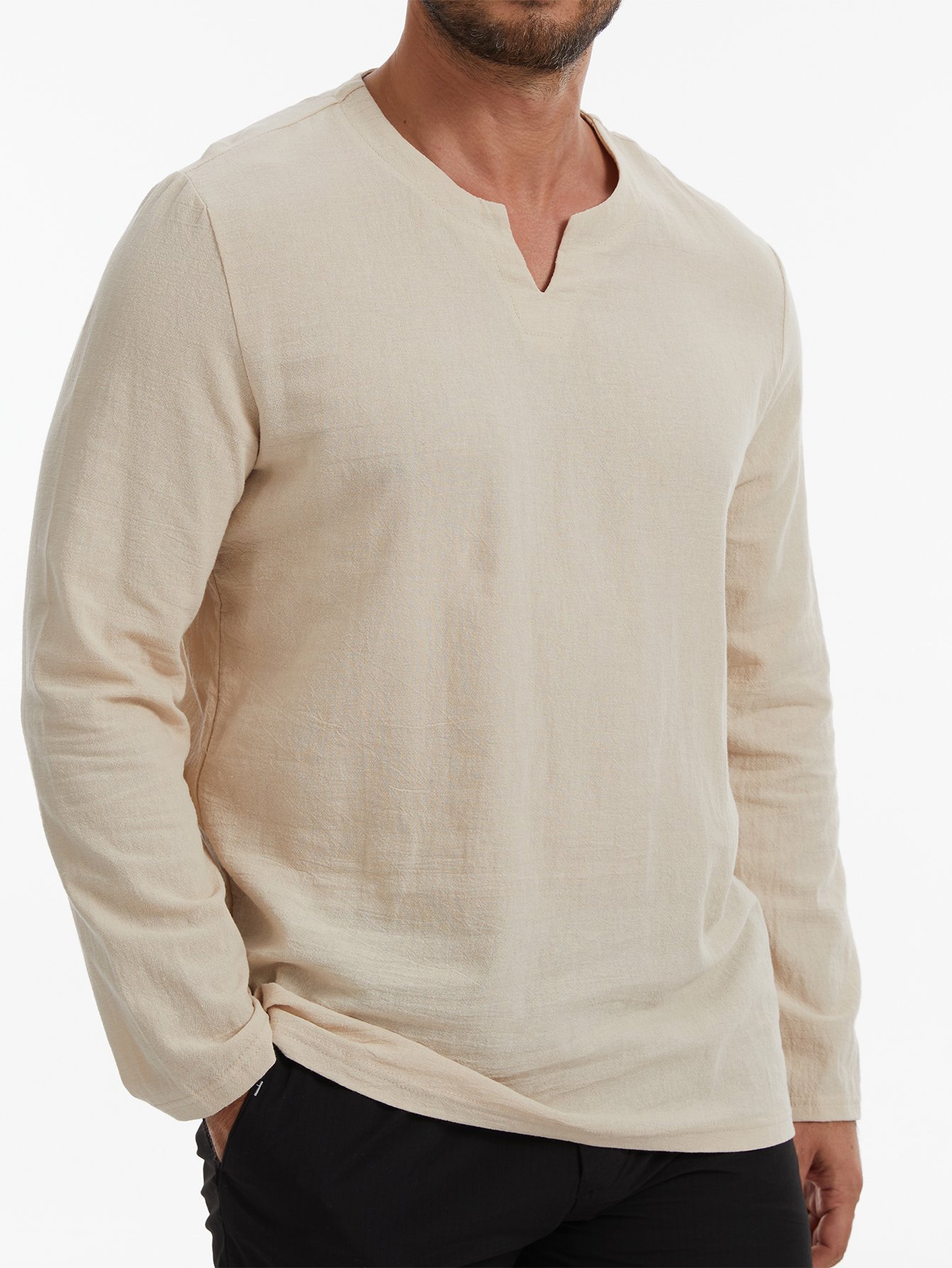Beige Solid Henley Neck Regular T-Shirt