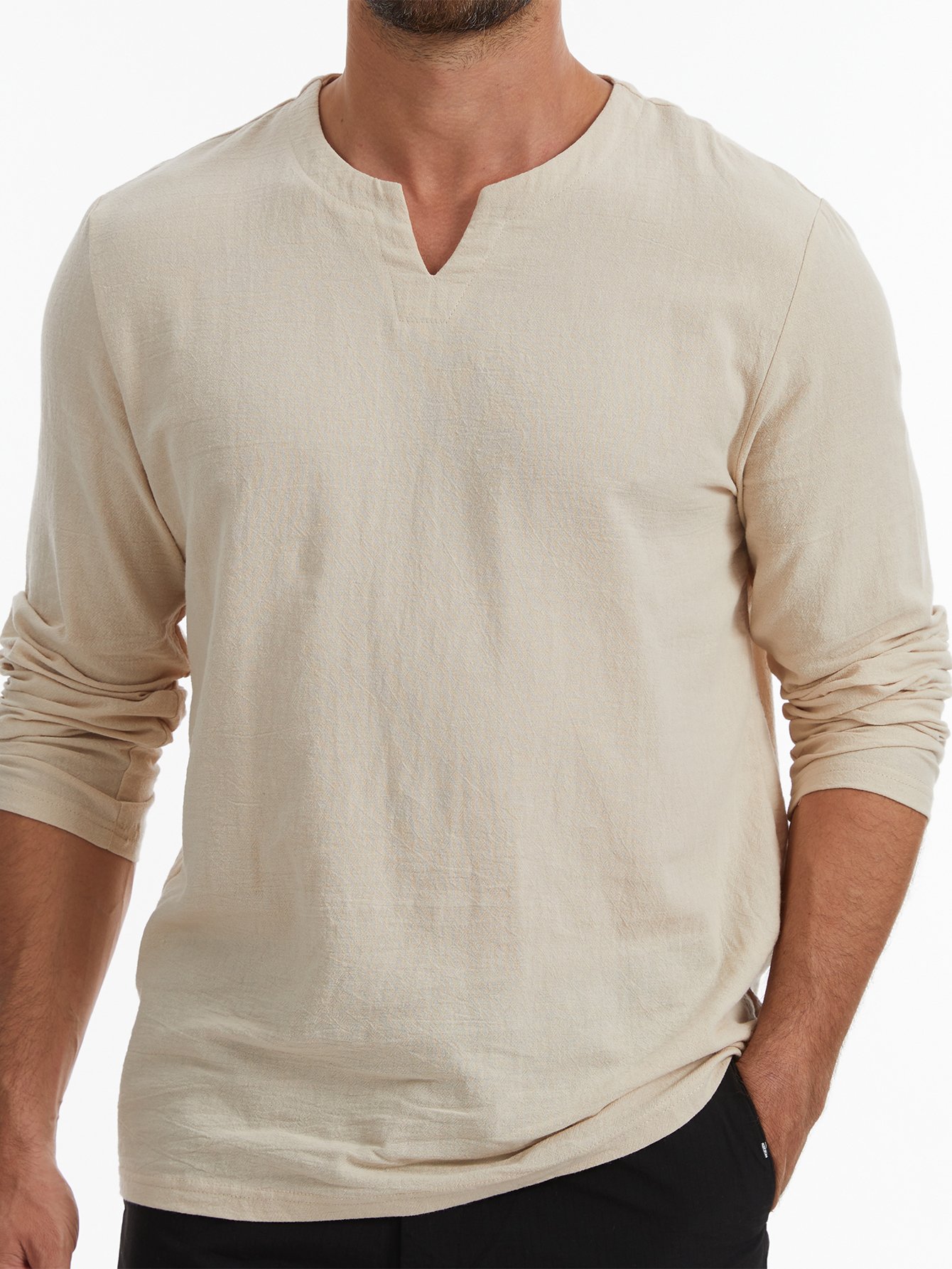 Beige Solid Henley Neck Regular T-Shirt