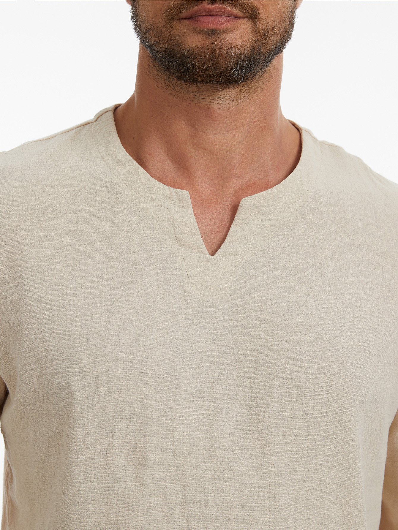 Beige Solid Henley Neck Regular T-Shirt