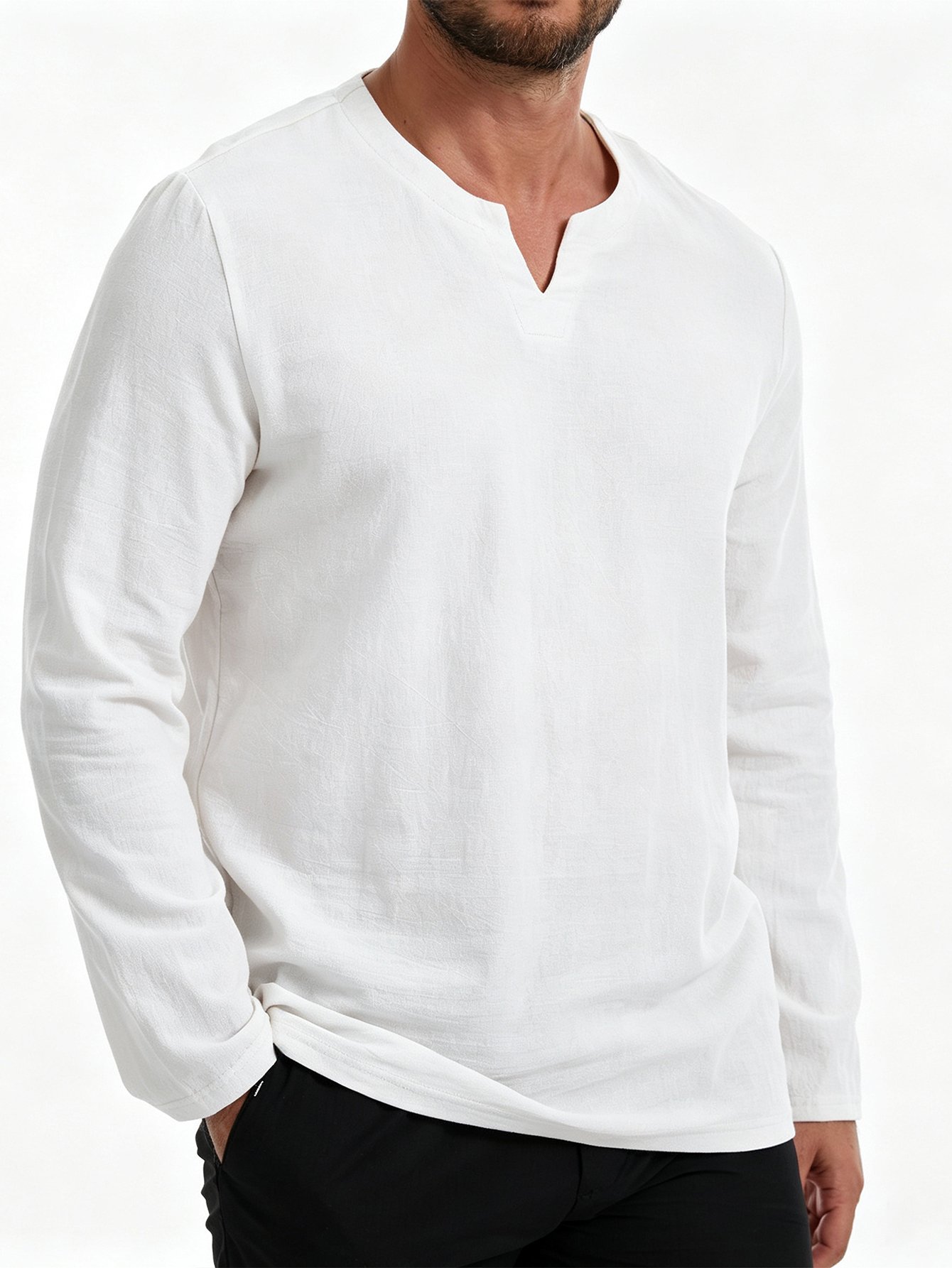 White Solid Henley Neck Regular T-Shirt