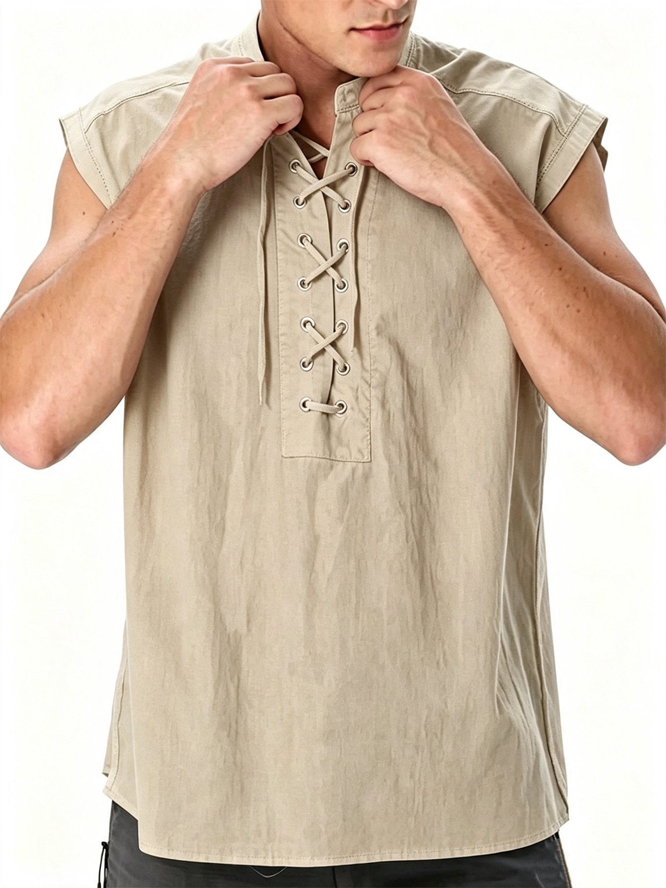 Beige Solid Sleeveless Regular Shirt