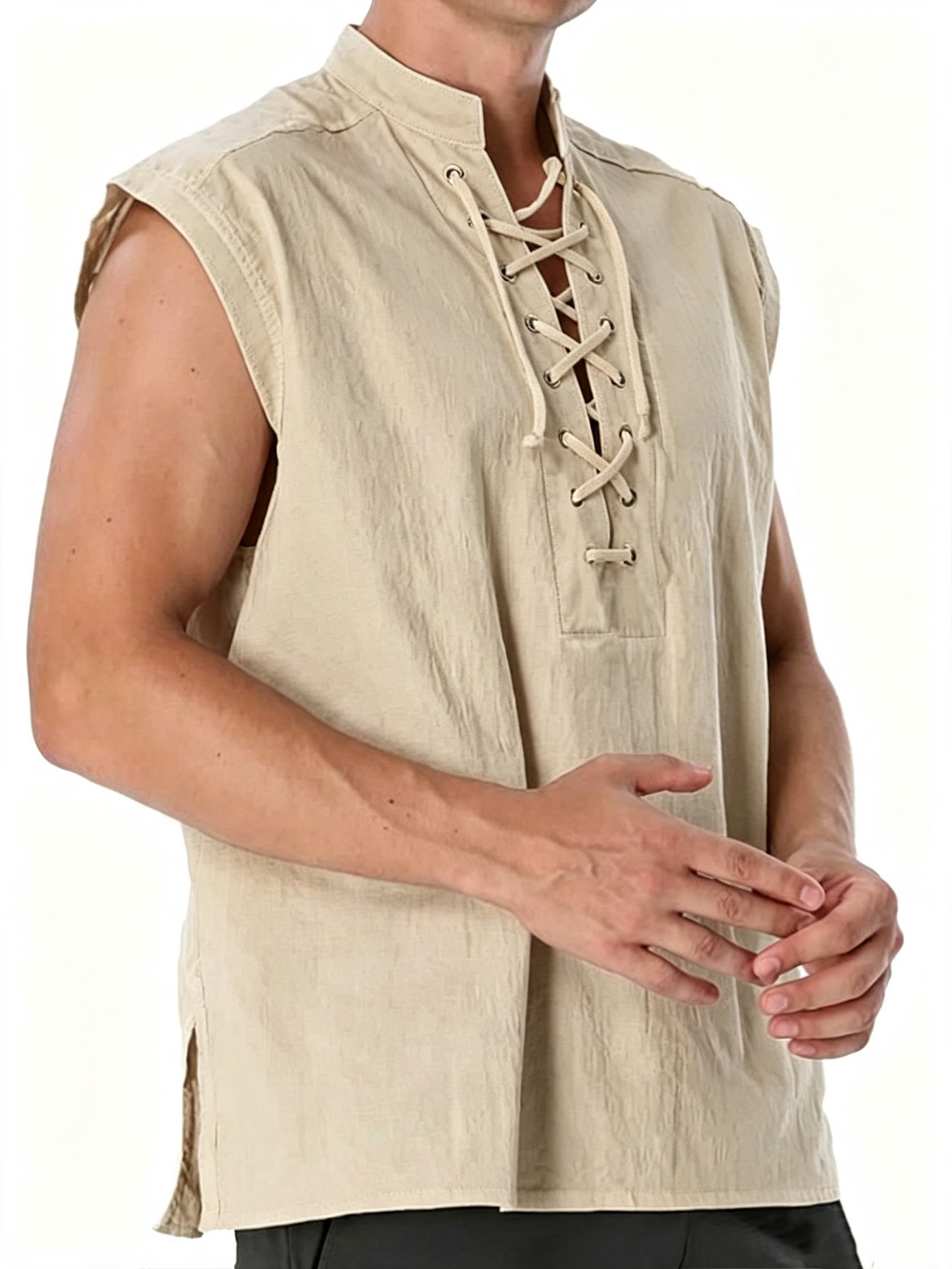 Beige Solid Sleeveless Regular Shirt