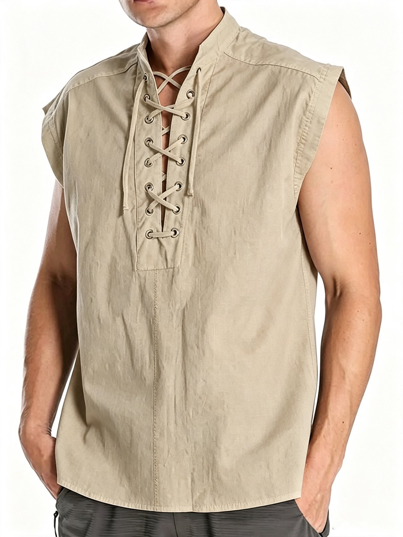 Beige Solid Sleeveless Regular Shirt