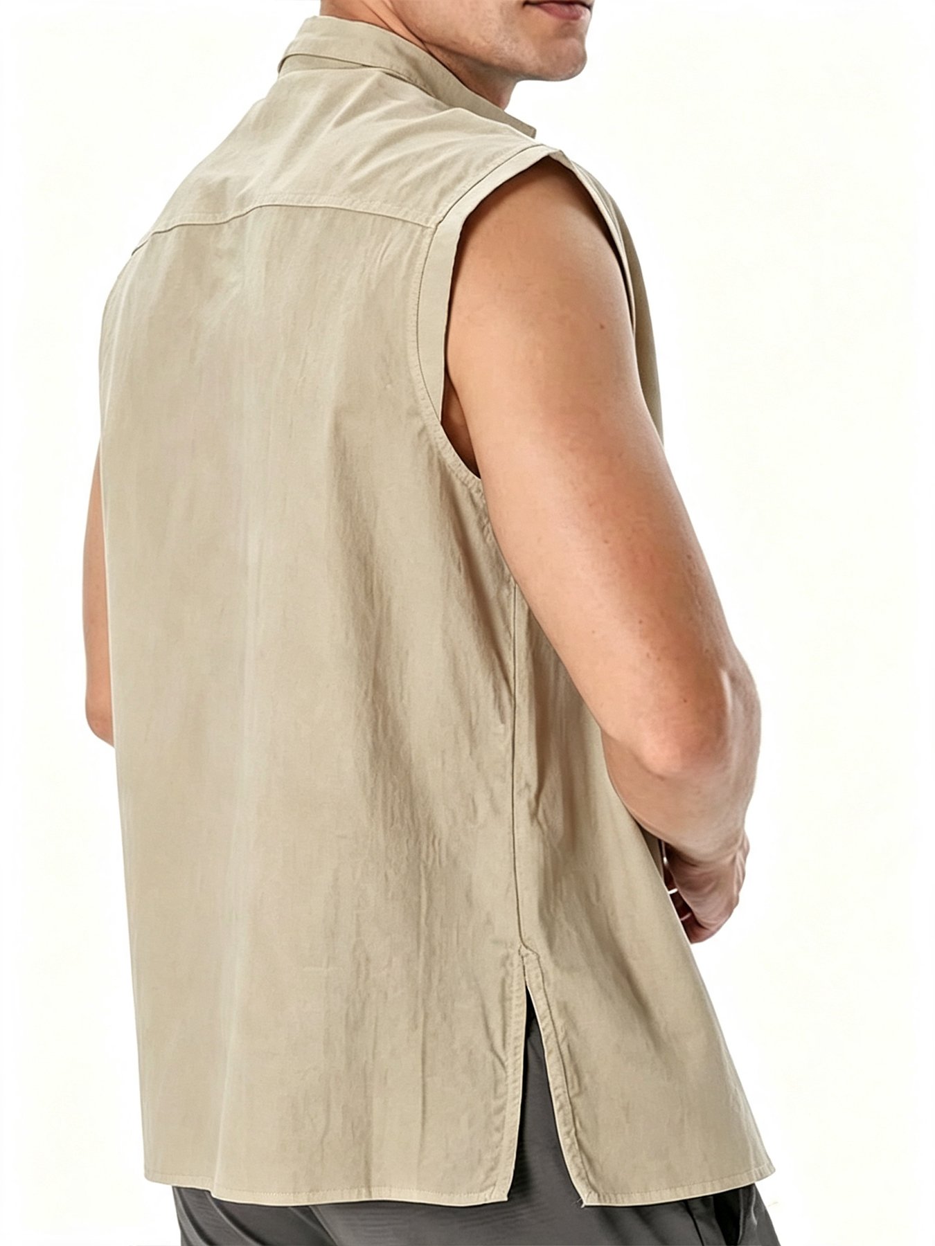 Beige Solid Sleeveless Regular Shirt