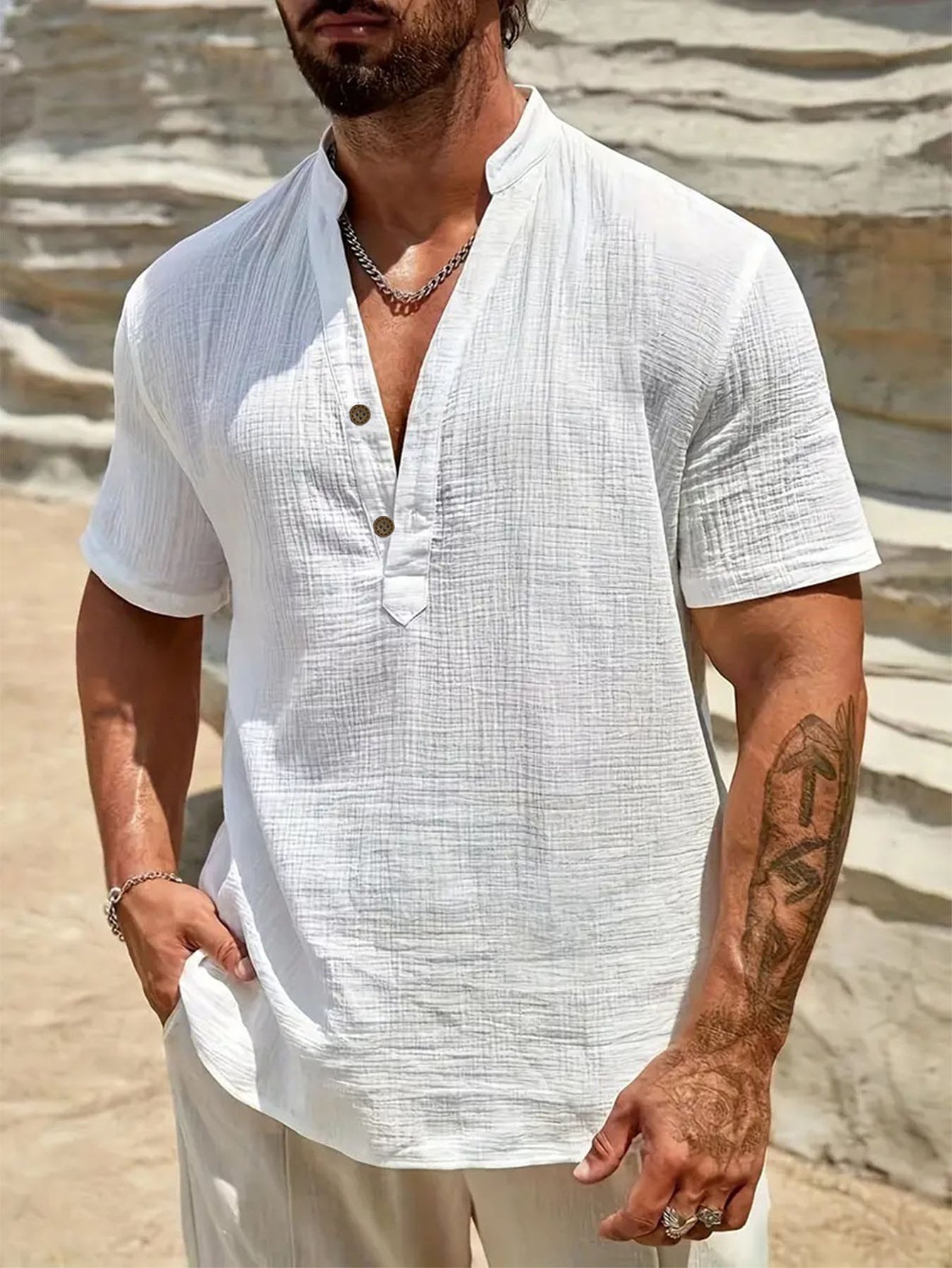 White Solid Short Sleeves Regular Shirt