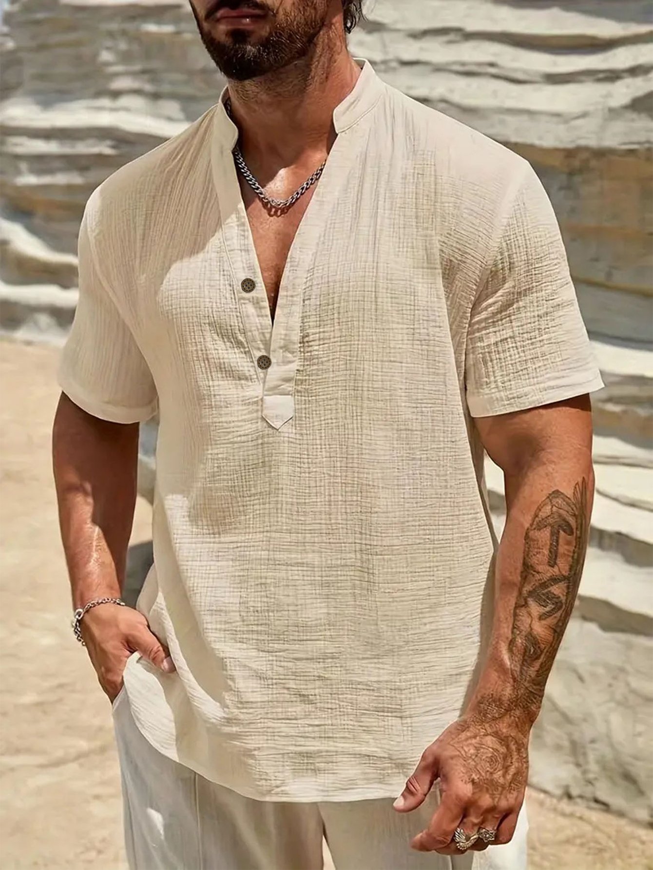 Beige Solid Short Sleeves Relaxed Shirt
