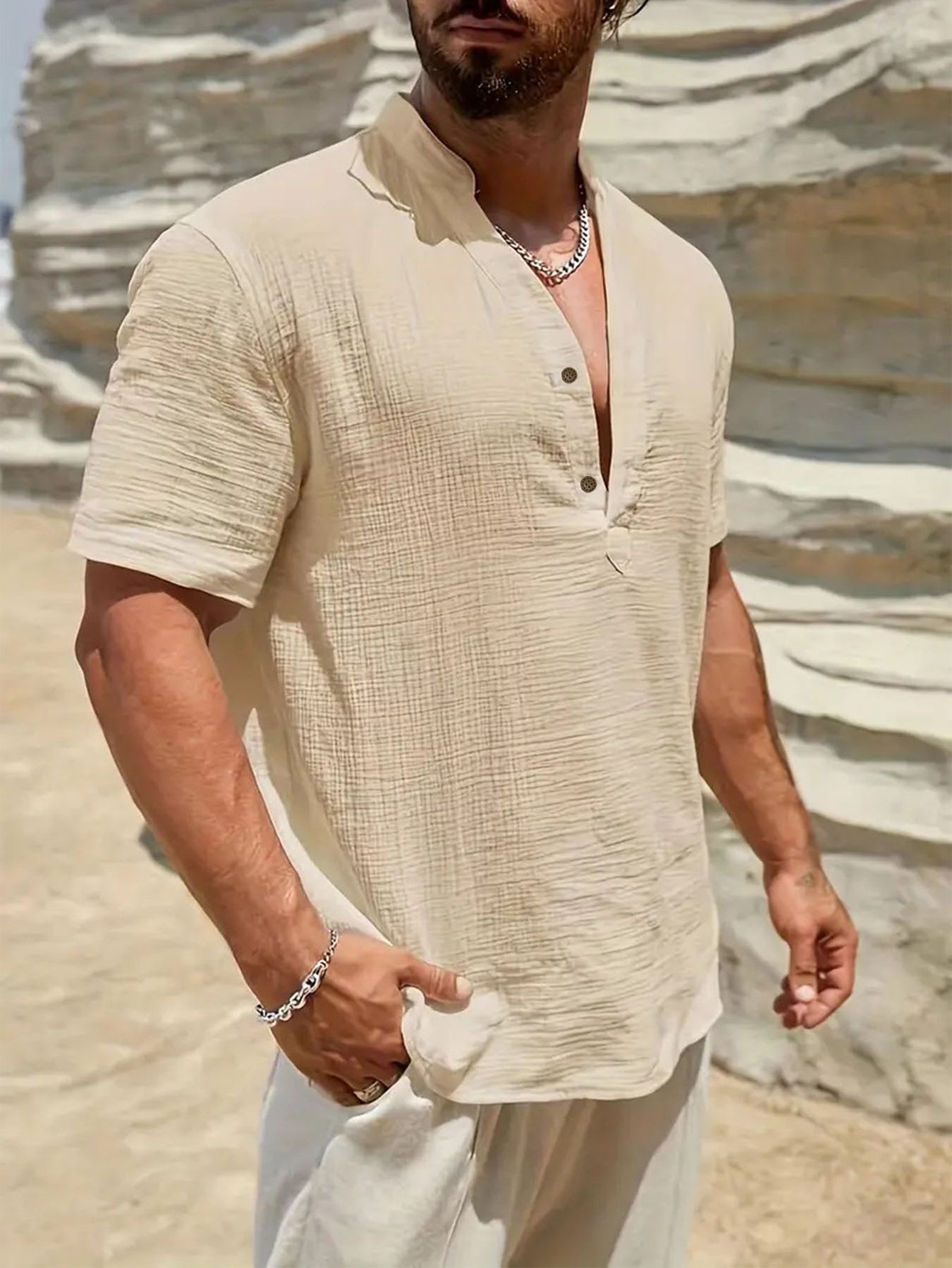 Beige Solid Short Sleeves Relaxed Shirt