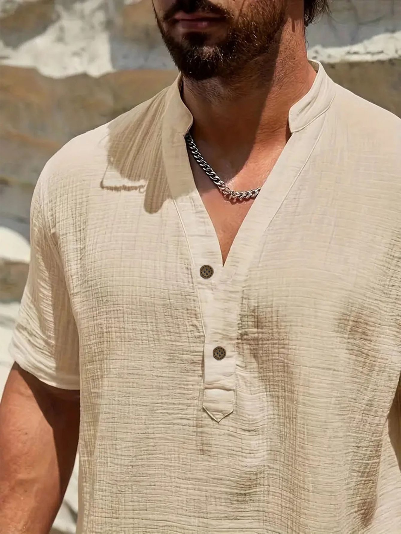 Beige Solid Short Sleeves Relaxed Shirt