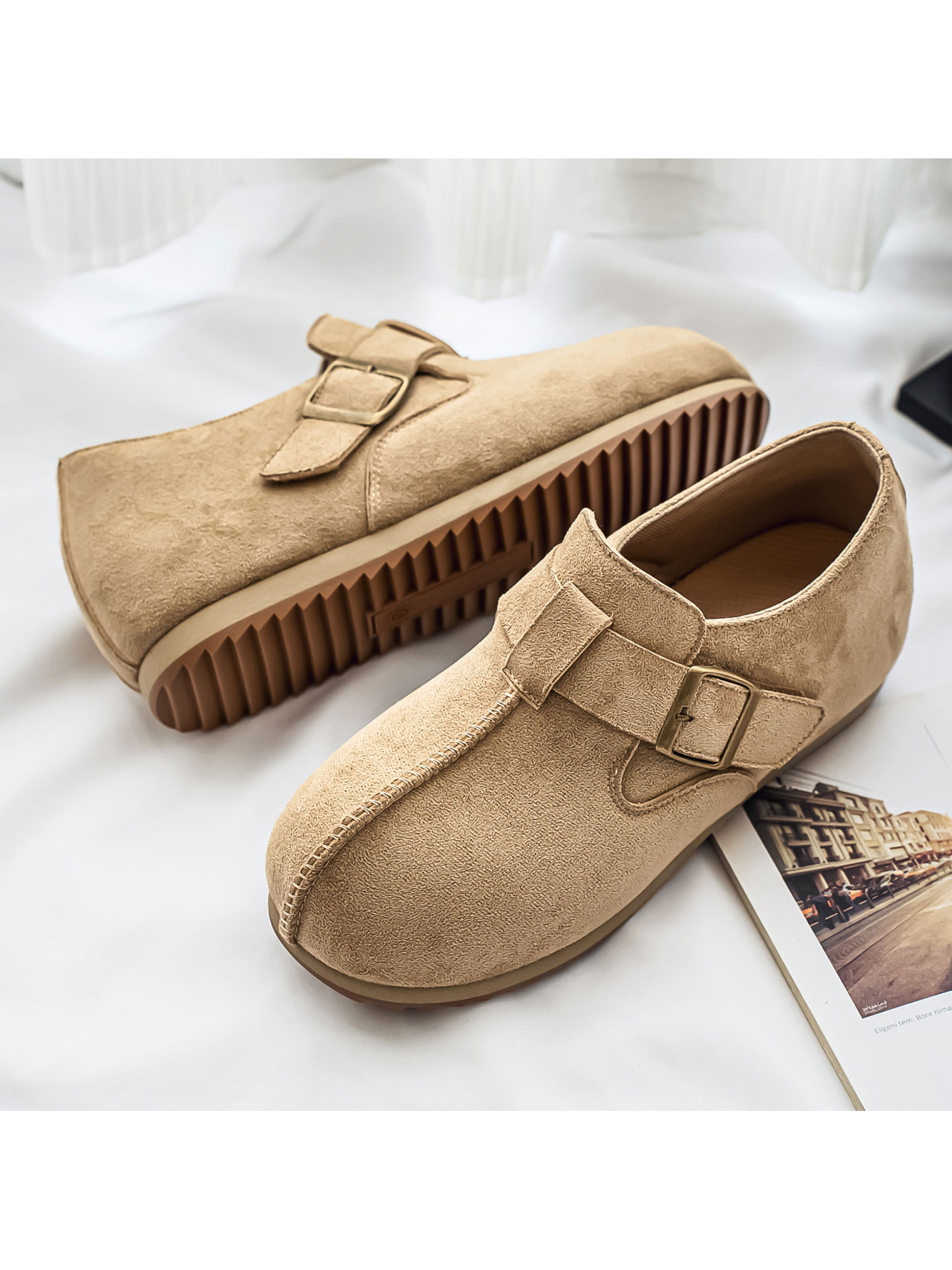 Beige Plain Buckle Loafers
