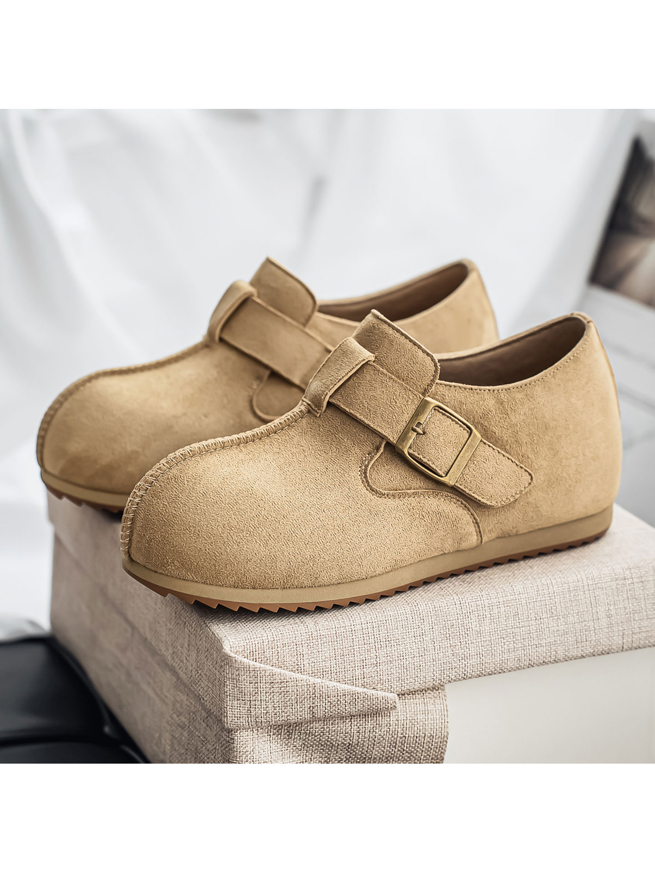 Beige Plain Buckle Loafers