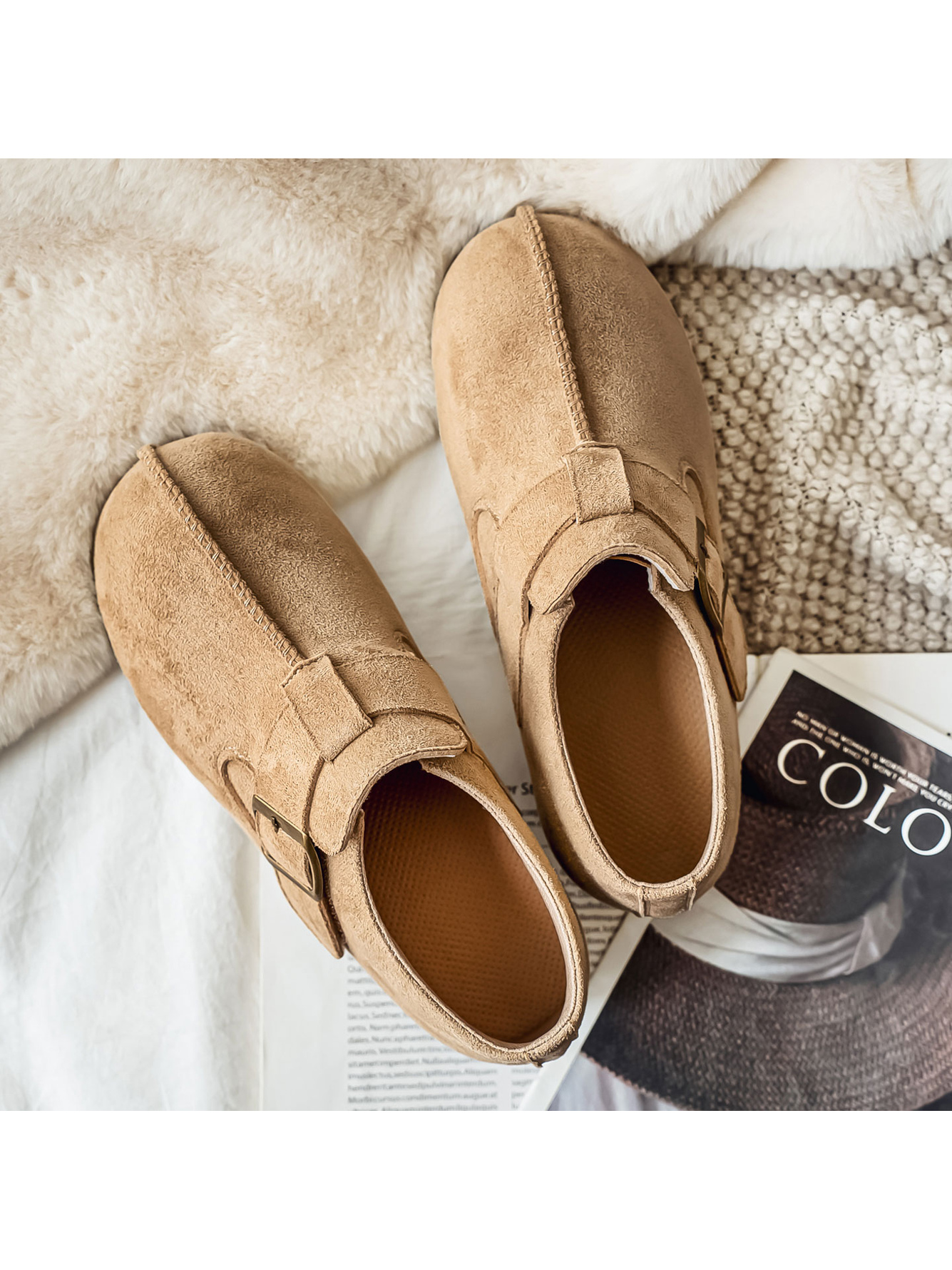 Beige Plain Buckle Loafers