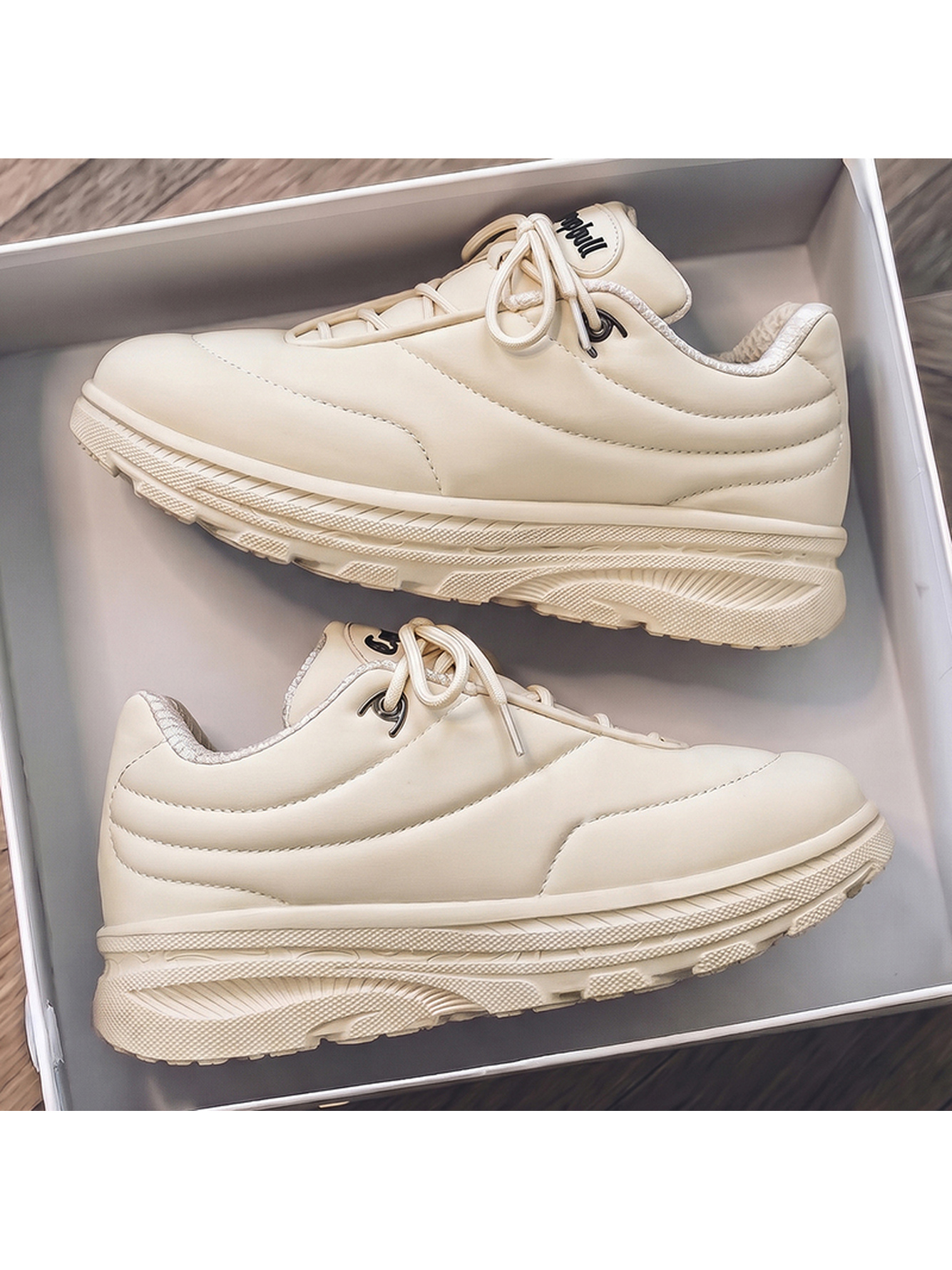 Beige Plain Lace Ups Sneakers