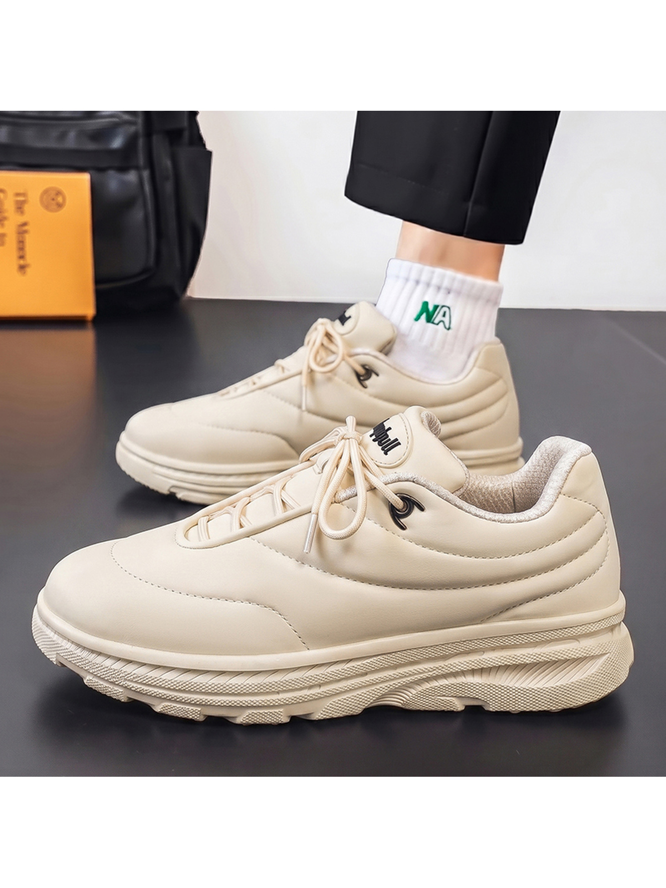 Beige Plain Lace Ups Sneakers